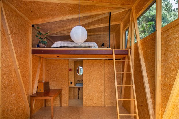 Compact timber-lined interior with exposed OSB structural surfaces, a raised sleeping loft, ladder access, small desk, and a partially visible bathroom or wash area beneath. Large angled windows bring in abundant natural light and views of greenery, creating a warm, efficient cabin-like space.