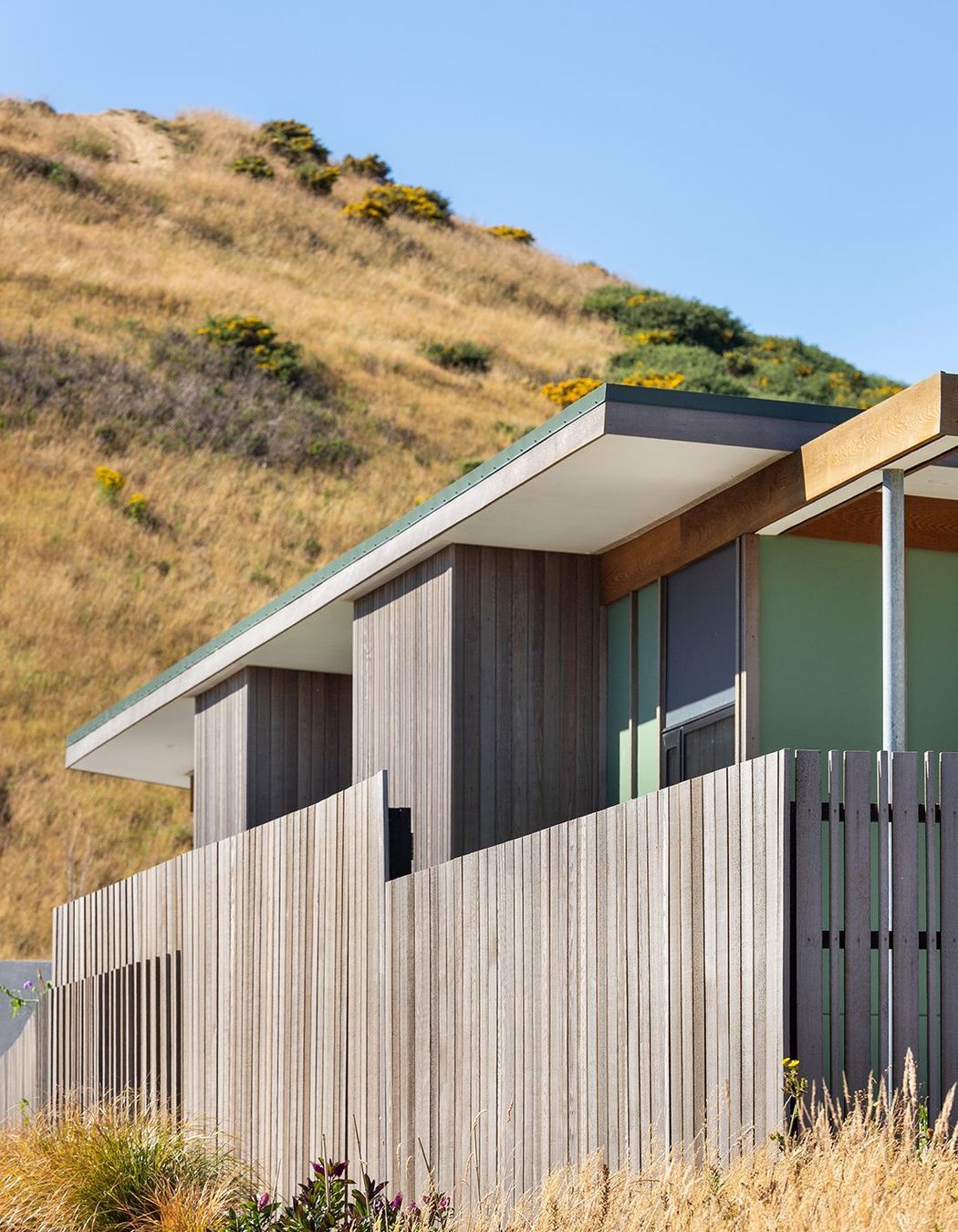 Vertical cedar cladding of varying widths mimics the earthy tones of the surrounding brush while muted green accents complement the natural setting.