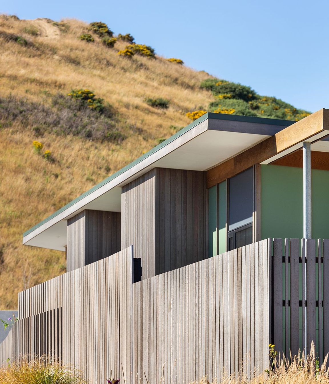 Vertical cedar cladding of varying widths mimics the earthy tones of the surrounding brush while muted green accents complement the natural setting.