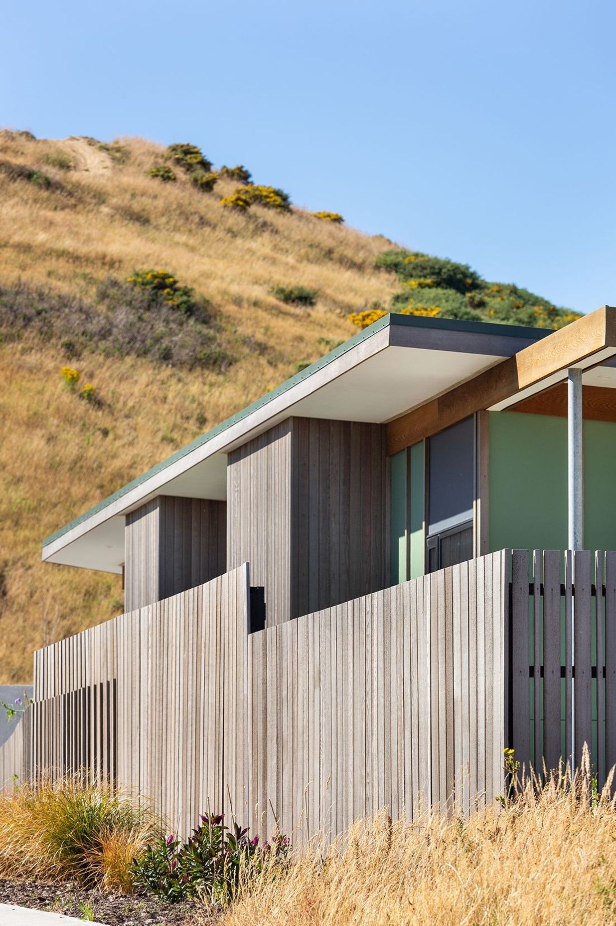 Vertical cedar cladding of varying widths mimics the earthy tones of the surrounding brush while muted green accents complement the natural setting.