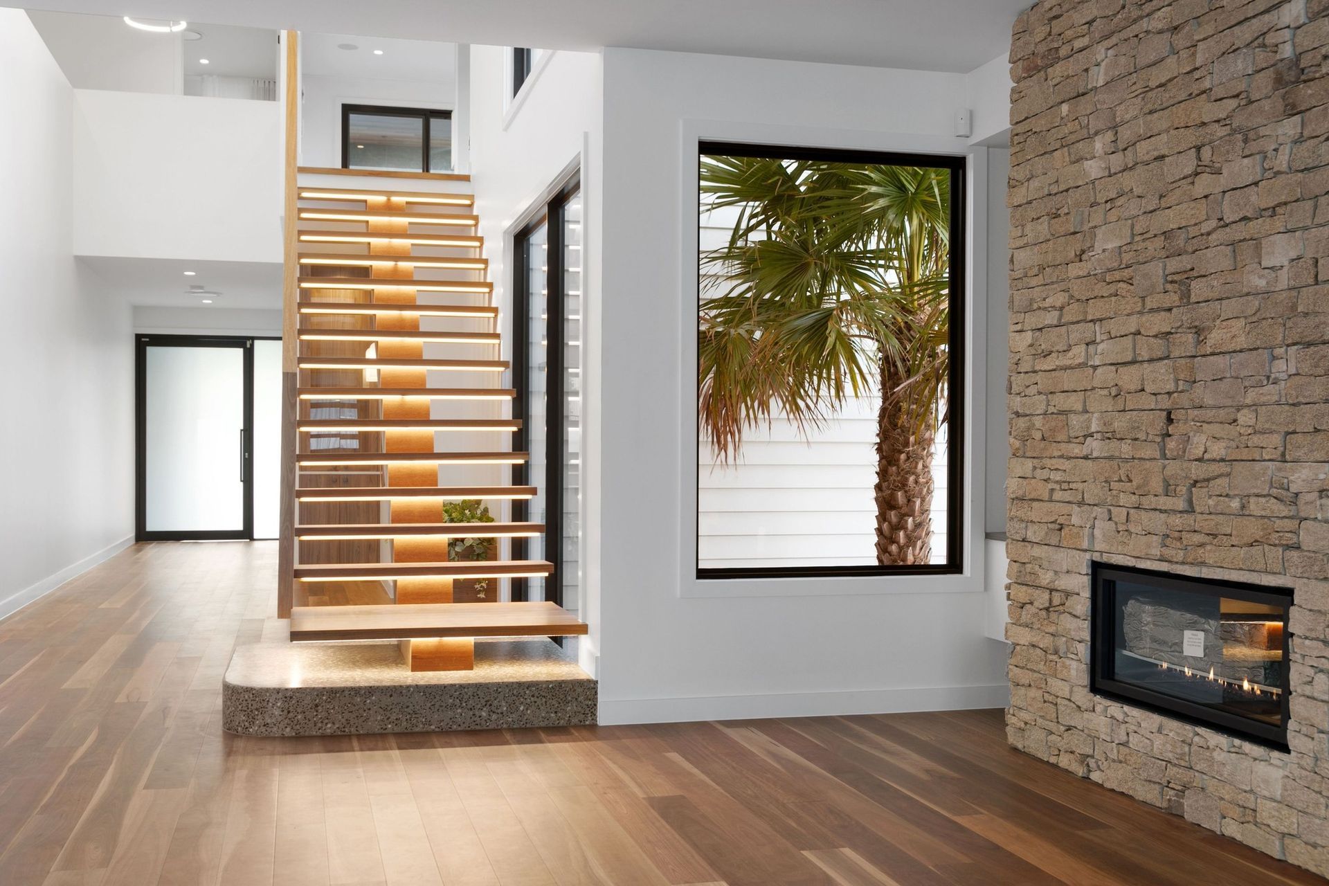 A picture window frames the neighbouring palm, landscape borrowed as artwork.