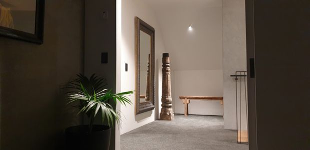 A dimly lit residential hallway or landing with grey carpet, white walls, a large framed mirror, a tall decorative timber pedestal, a wooden console table, and a potted palm. A dark doorway or wall frames the view, while a simple pendant light illuminates the corridor.