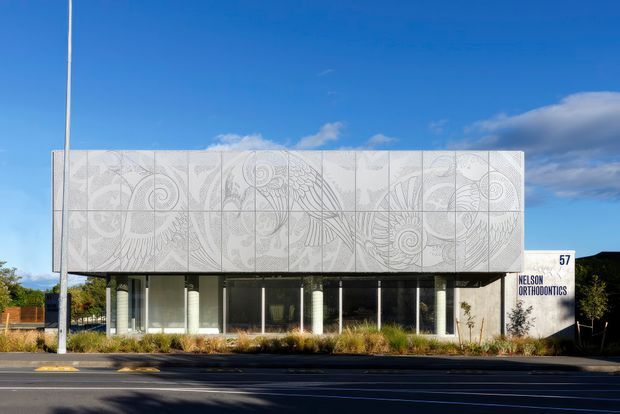 A contemporary two-storey commercial building viewed from across a street. The upper facade is clad in pale perforated or patterned panels featuring large line-art botanical and bird motifs, while the transparent lower level contains glazed office or retail frontage supported by slender columns. Landscaping and a roadside sign identify the premises as Nelson Orthodontics. The building has a flat roof and a restrained white, grey, and dark palette under a bright blue sky.