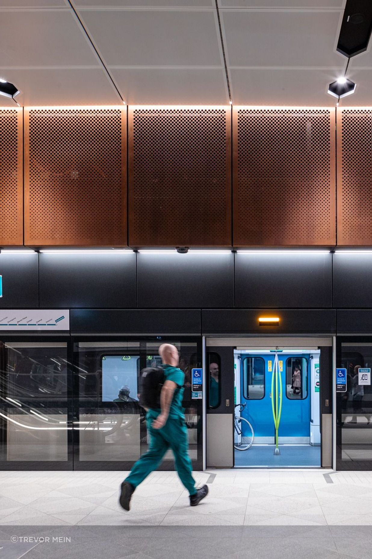 Exposed Corten cladding references train infrastructure and brings the warmth of the brickwork down to the platform