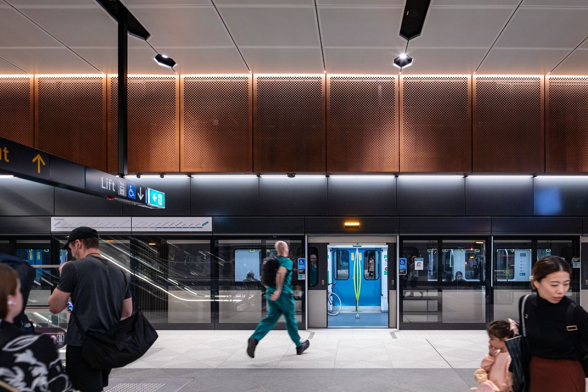 Exposed Corten cladding references train infrastructure and brings the warmth of the brickwork down to the platform