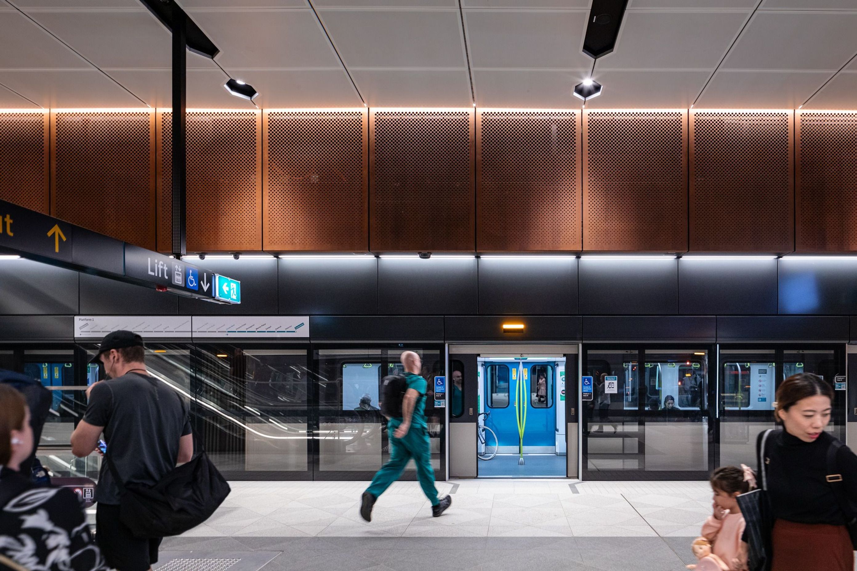 Exposed Corten cladding references train infrastructure and brings the warmth of the brickwork down to the platform