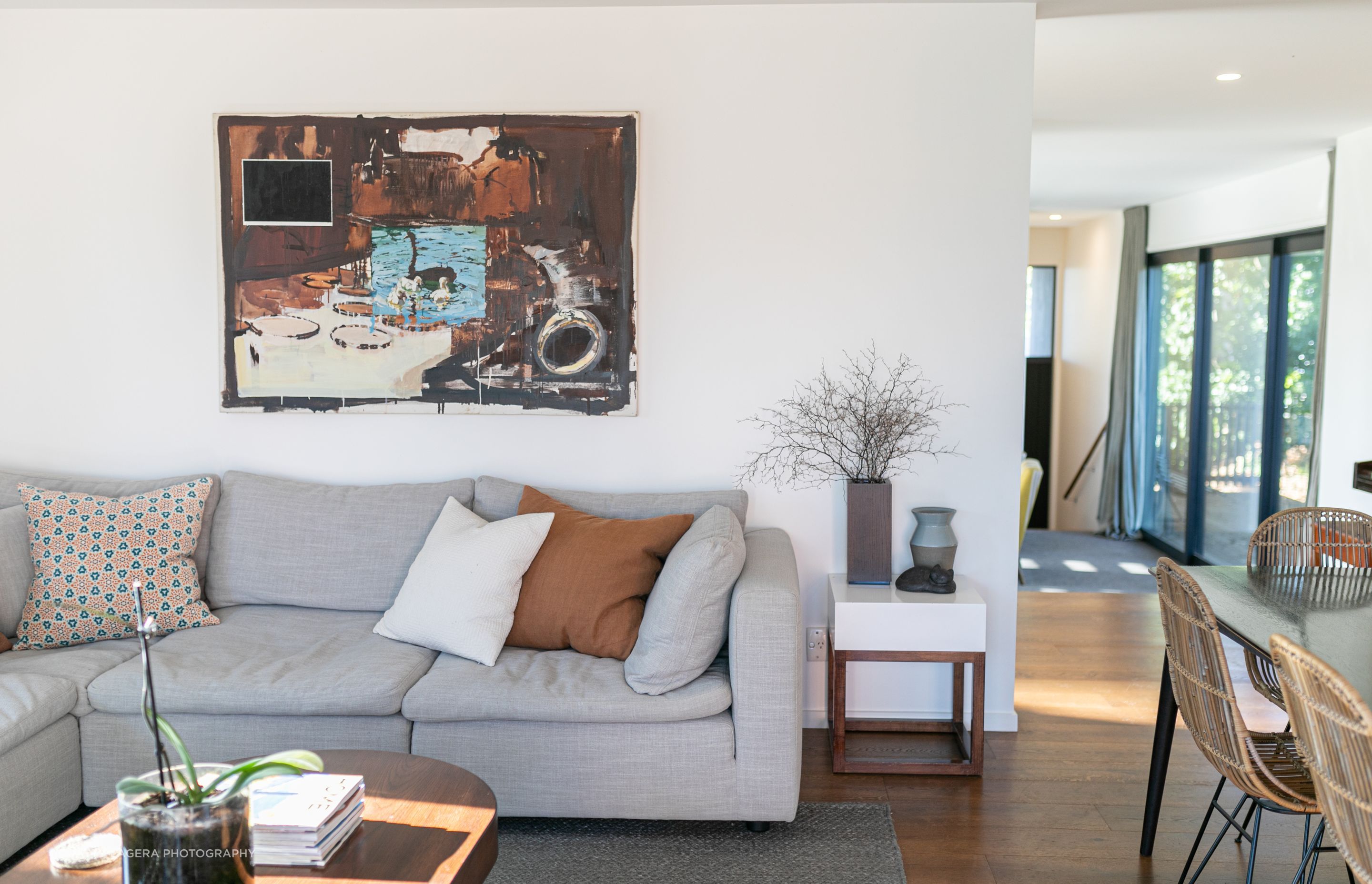 Many interior styling products are from the homeowner's linen and homewares showroom – Thread Design – in Grey Lynn, Auckland.