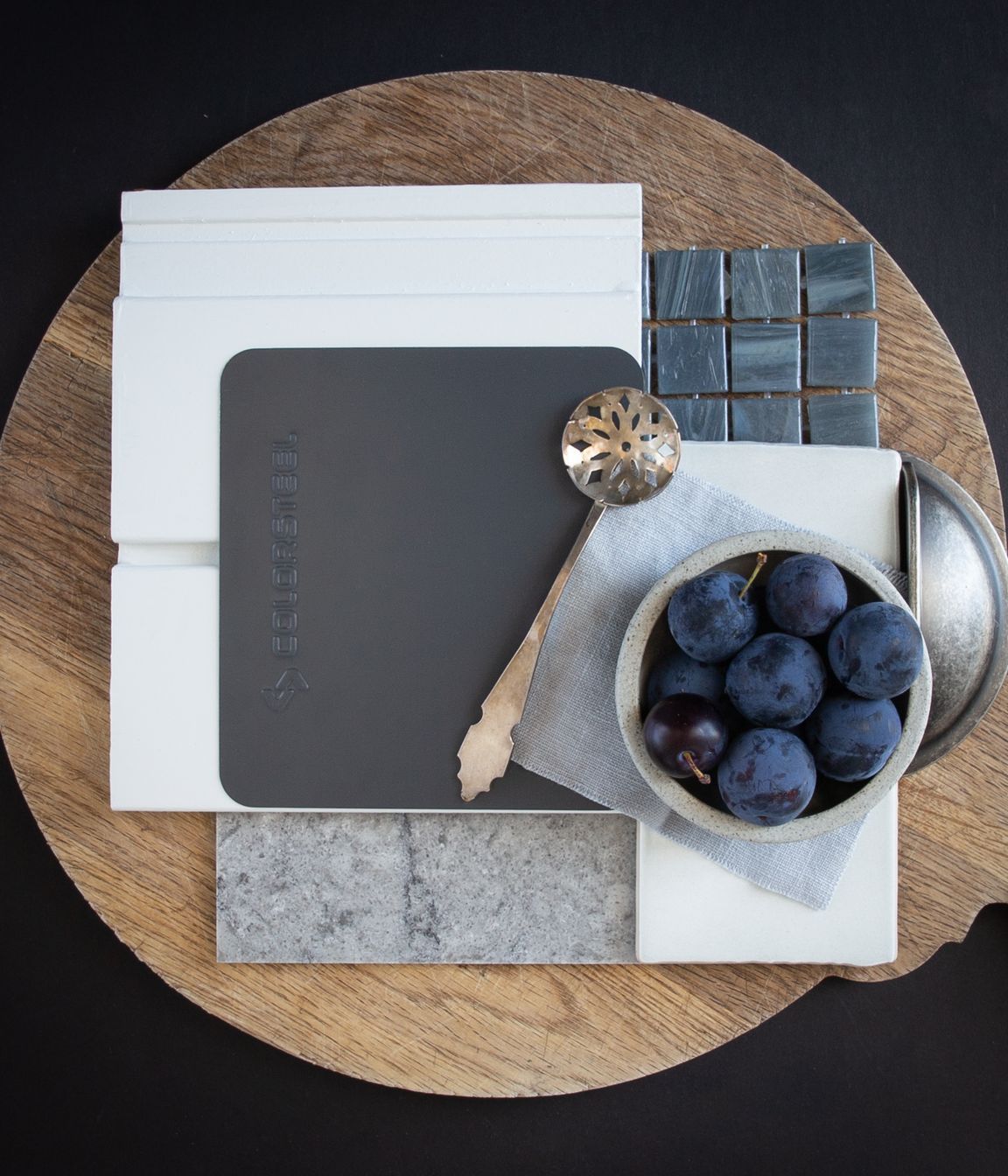 Colour: Grey Friars is a much loved roofing colour with a hint of blue. This palette is designed with a cottage in mind, with the weathered oak kitchen table at the heart of the house, blue tiles, a cool grey benchtop to make pastry, and a white weatherboard exterior. A home where the patina of daily life adds to its character.