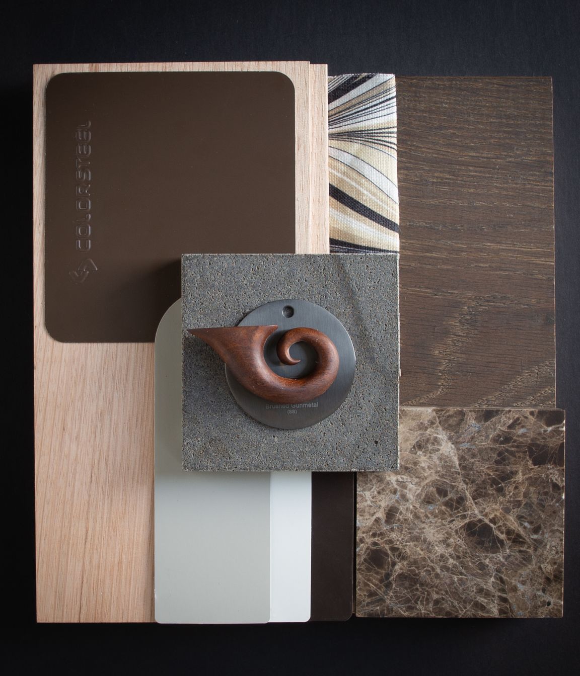 Colour: Lignite reminds us of the fantails white, dark and light brown feathers, and the way in the built world that we often see this in the seasonal growth rings of timber. This palette is for the hand-made house, the deep brown of Lignite works well when layered with brown stone, a range of different hand carved timbers, and cream accents.