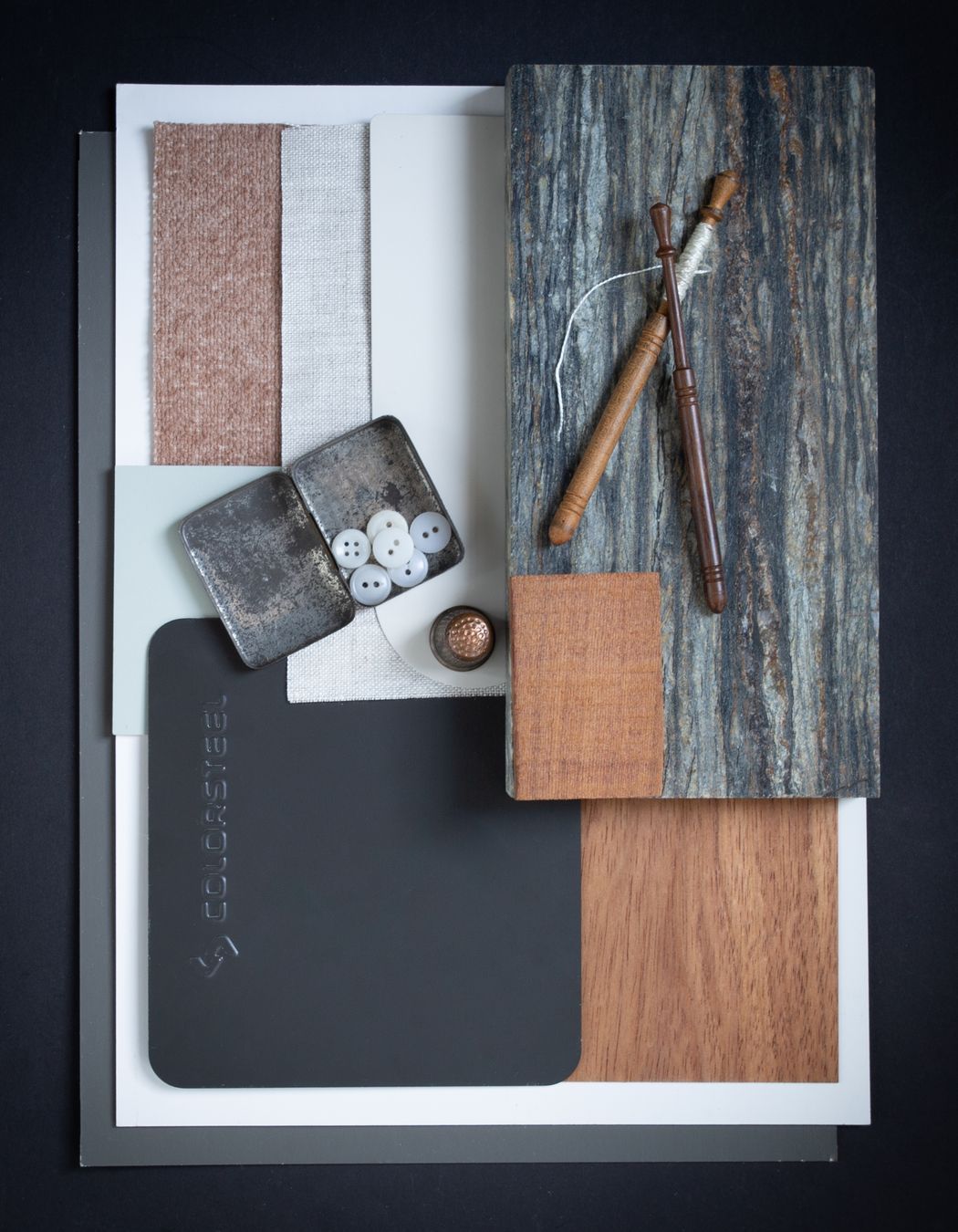 Colour: Slate blends with a suburban environment well. In this palette it is paired with warm neutrals, natural timber, and New Zealand schist. Its chameleon ability to work with both cool and warm colours, opens up opportunities for the home owner to personalise their spaces with a soft interior palette as a contrast to a cooler tones of the external cladding. A gentle home in which to make and create.