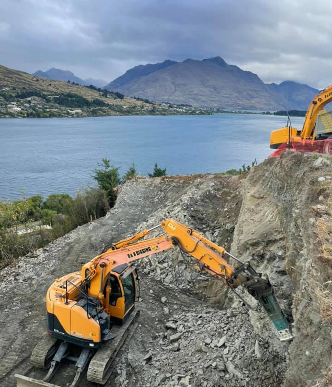 A huge amount of work underway on the initial digout of the site.  The stunning views make it all worthwhile!