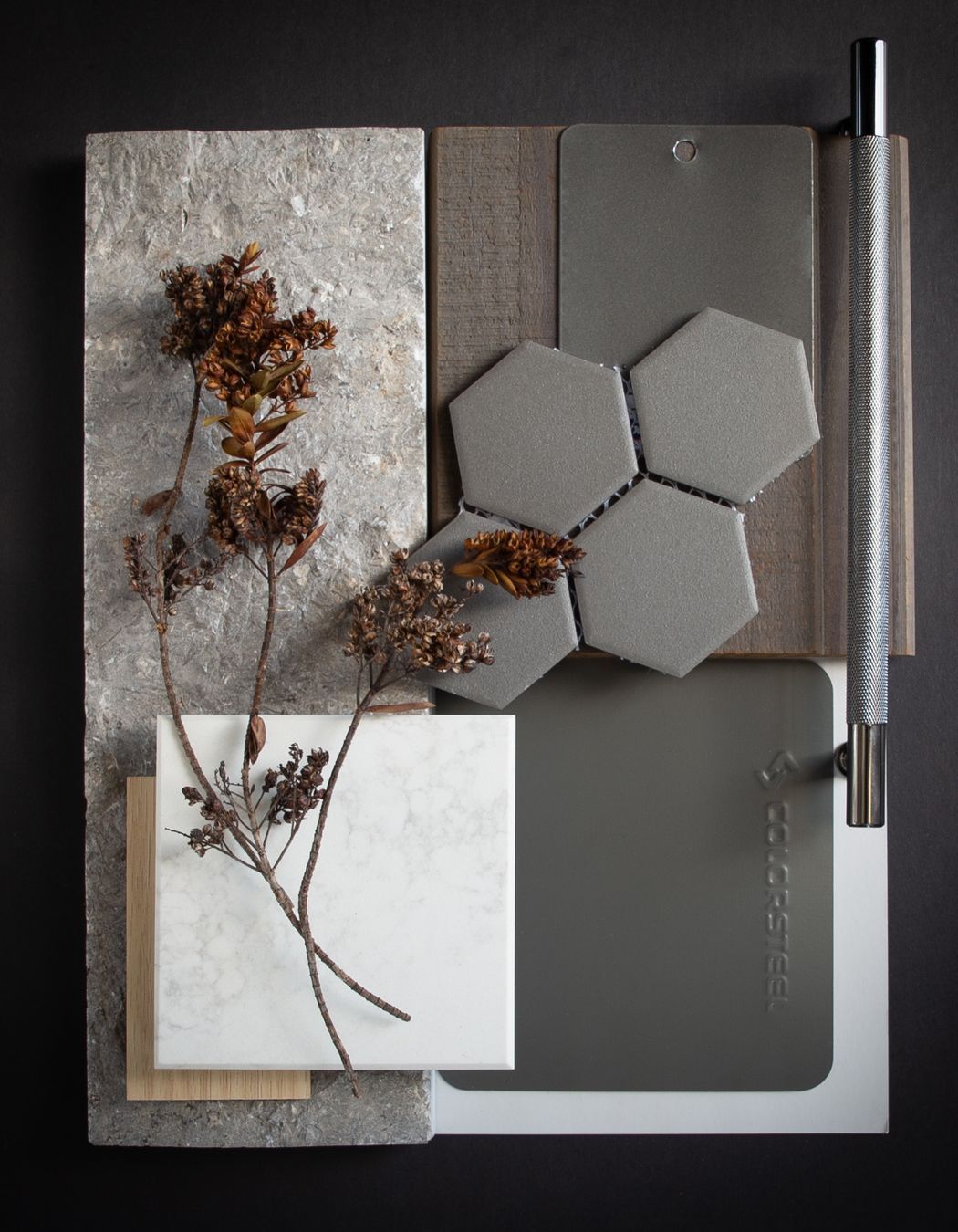 Colour: Thunder Grey. In this palette the textural contrast of Rough split stone, with graduations of gentle greys and whites, is combined with warm accents. Inspired by the graduations of shades in NZ native bird feathers, such as the Kaka, Thunder Grey creates a home that is contemporary yet warm and tactile.
