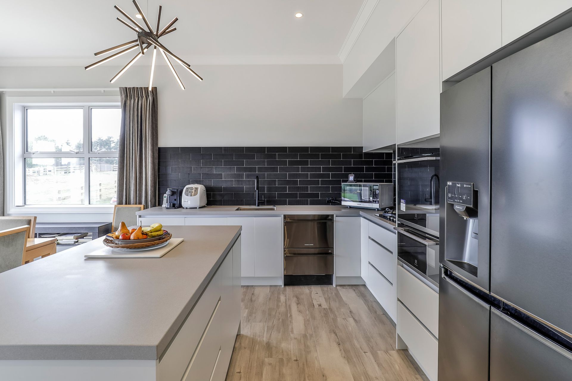 Amber Grey 200x1200mm porcelain and Brick Text Nero 100x300mm walls