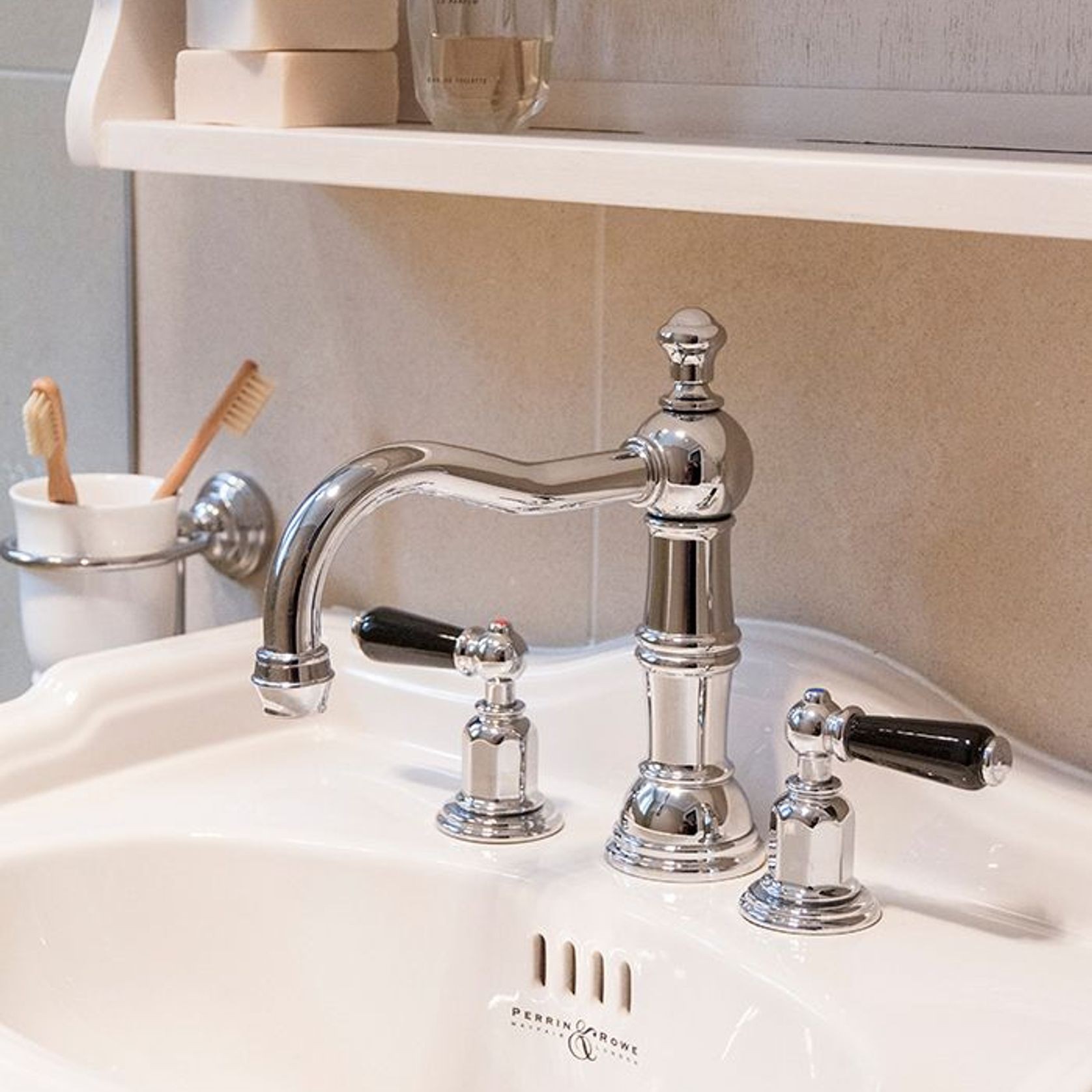 Perrin & Rowe - Three hole basin set with country spout and white porcelain levers gallery detail image