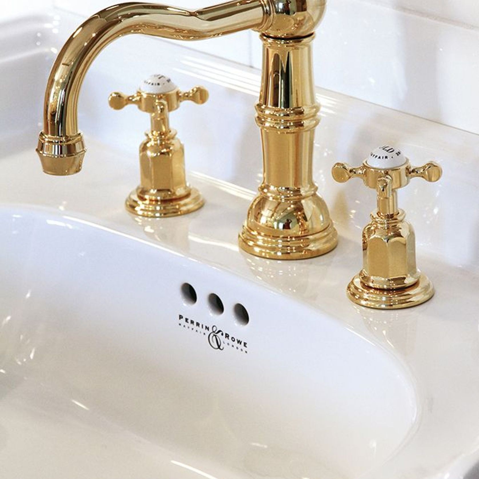 Perrin & Rowe - Three hole basin set with country spout and white porcelain levers gallery detail image