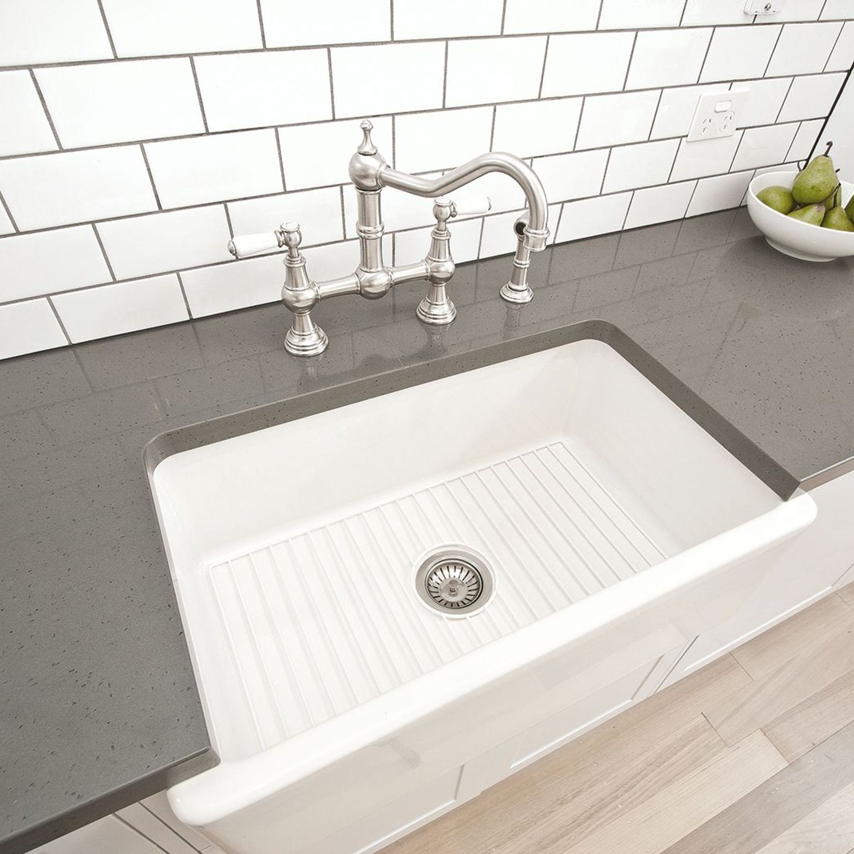 Acquello - White fireclay sink with waste and rack 760 x 460 x 250mm gallery detail image