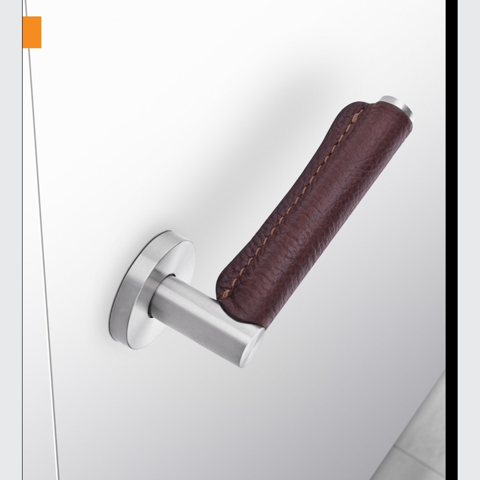 Skin Brown Natural Leather Lever Handle On Standard Rose Stainless Steel gallery detail image