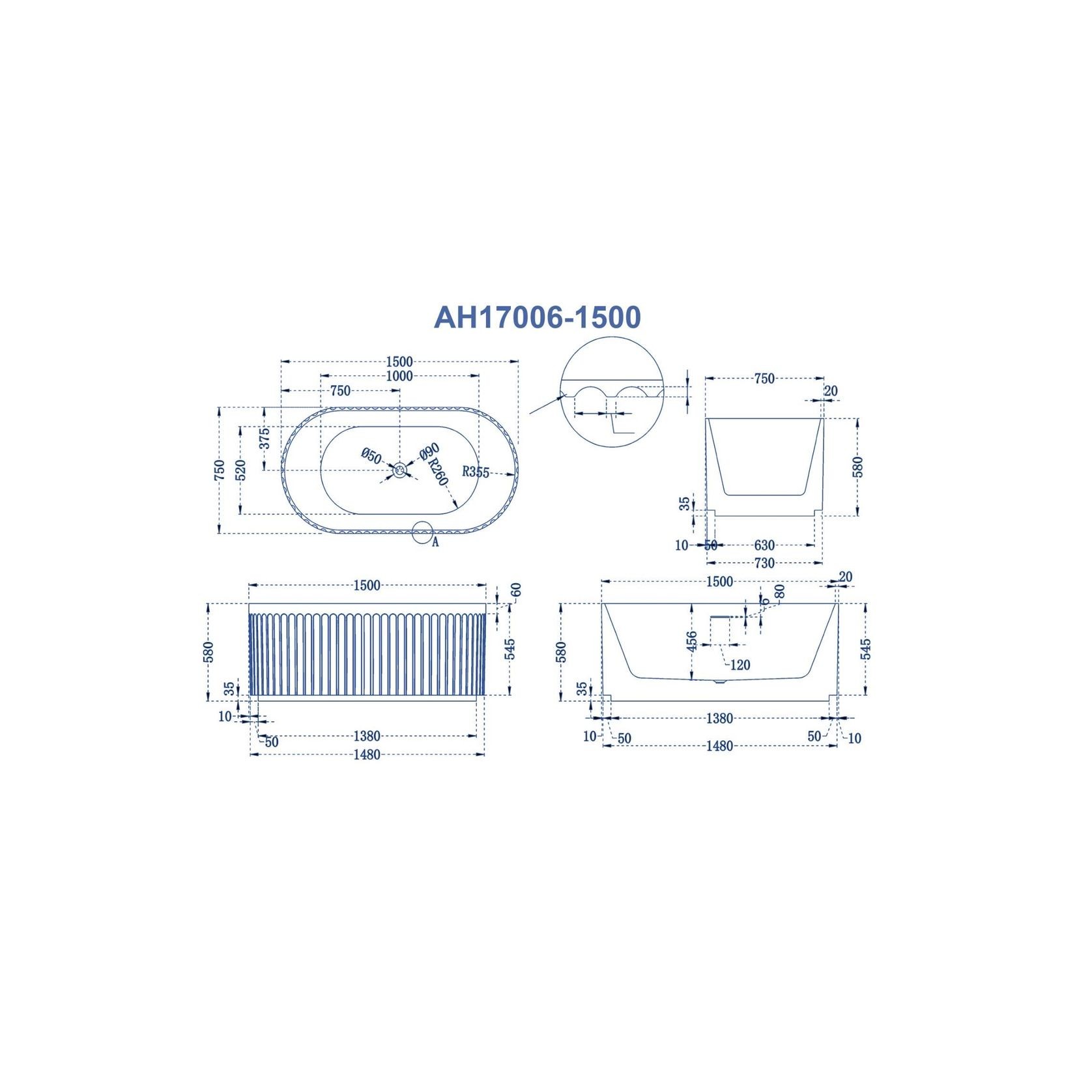 Back Mounted Fluted Bathtub 1500mm gallery detail image