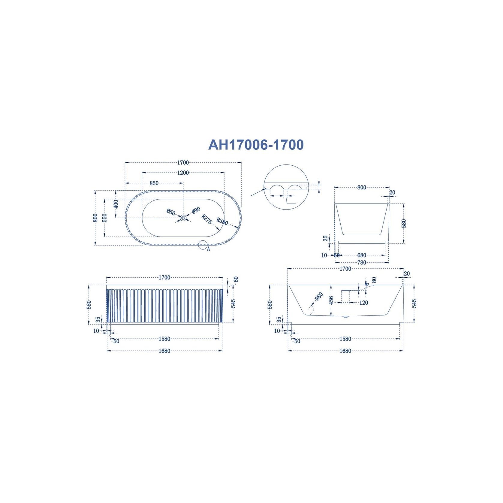 Freestanding Fluted Bathtub 1700mm gallery detail image