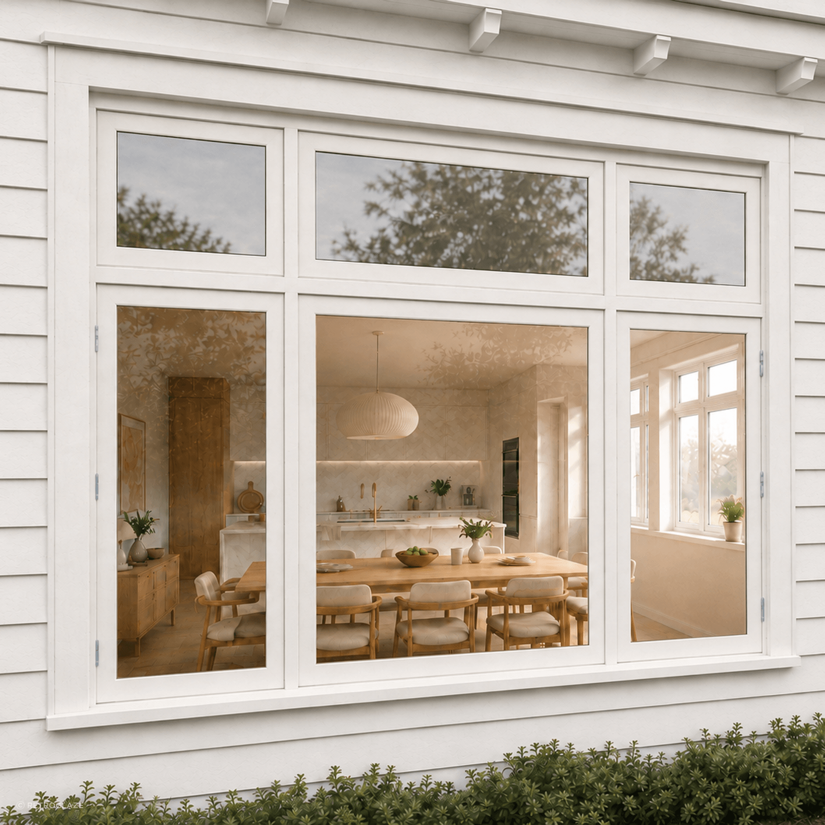 External view of timber frame window with multiple replacement Escence Wood sashes.