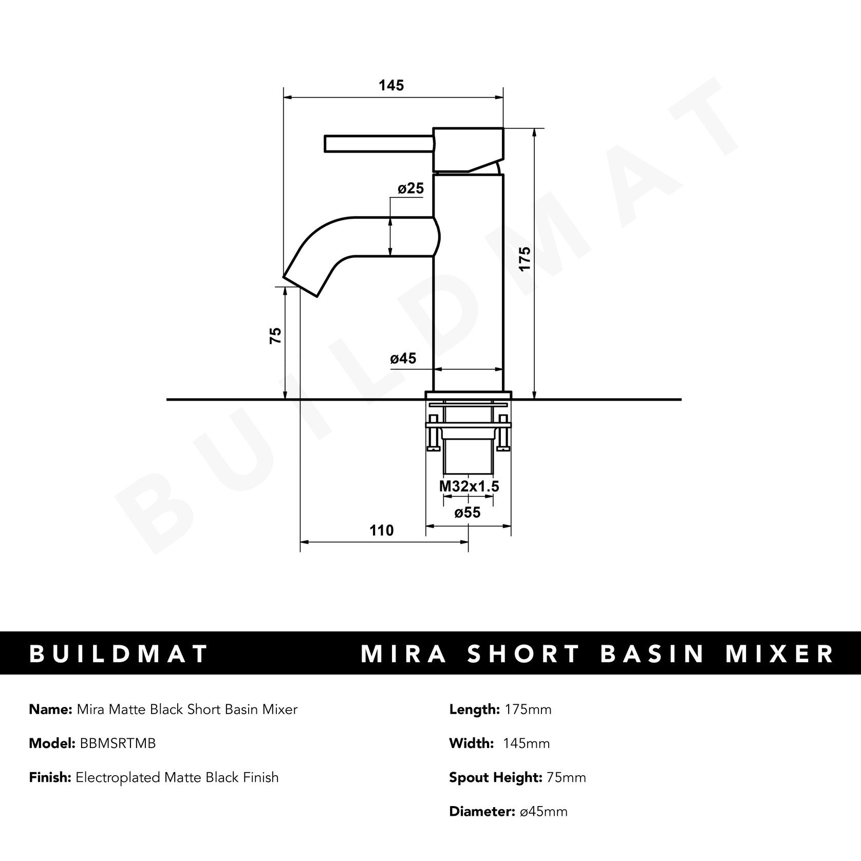 Mira Matte Black Short Basin Mixer gallery detail image