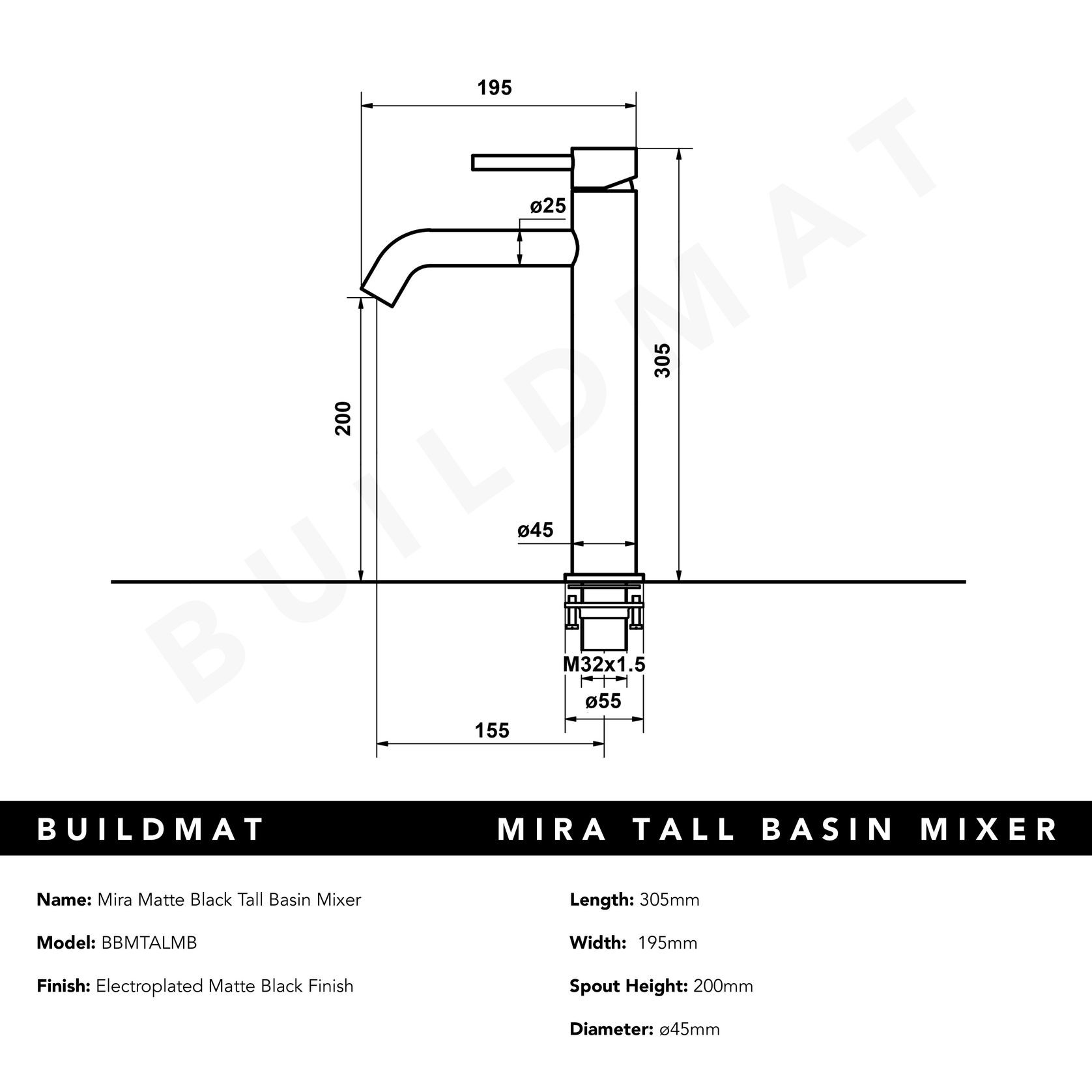Mira Matte Black Tall Basin Mixer gallery detail image