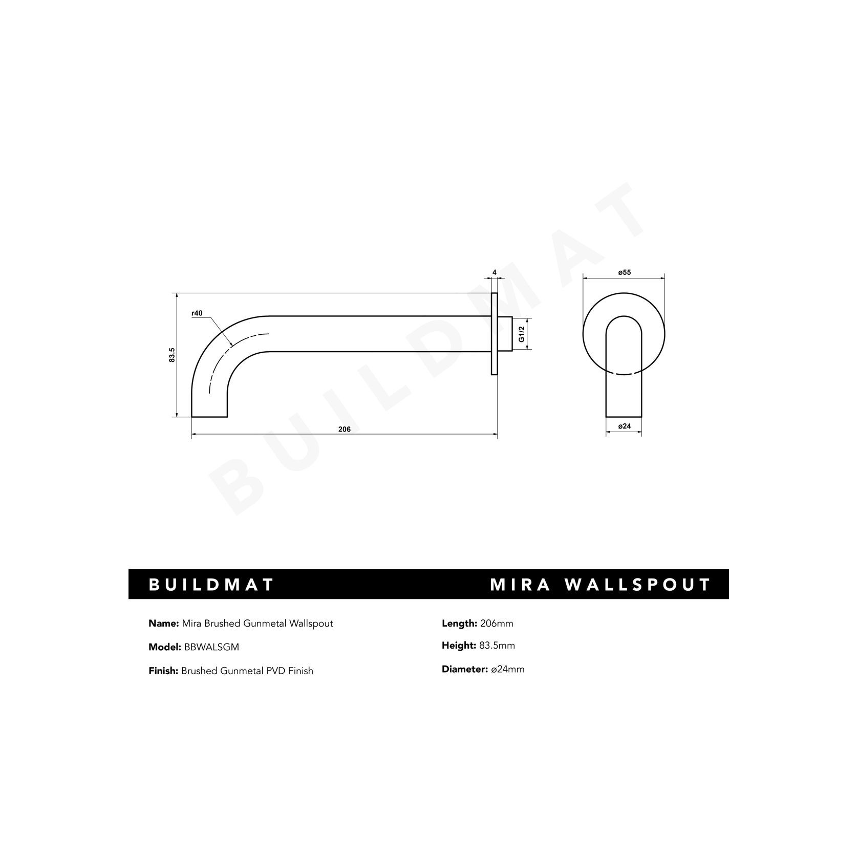 Mira Brushed Gunmetal Wall Spout gallery detail image