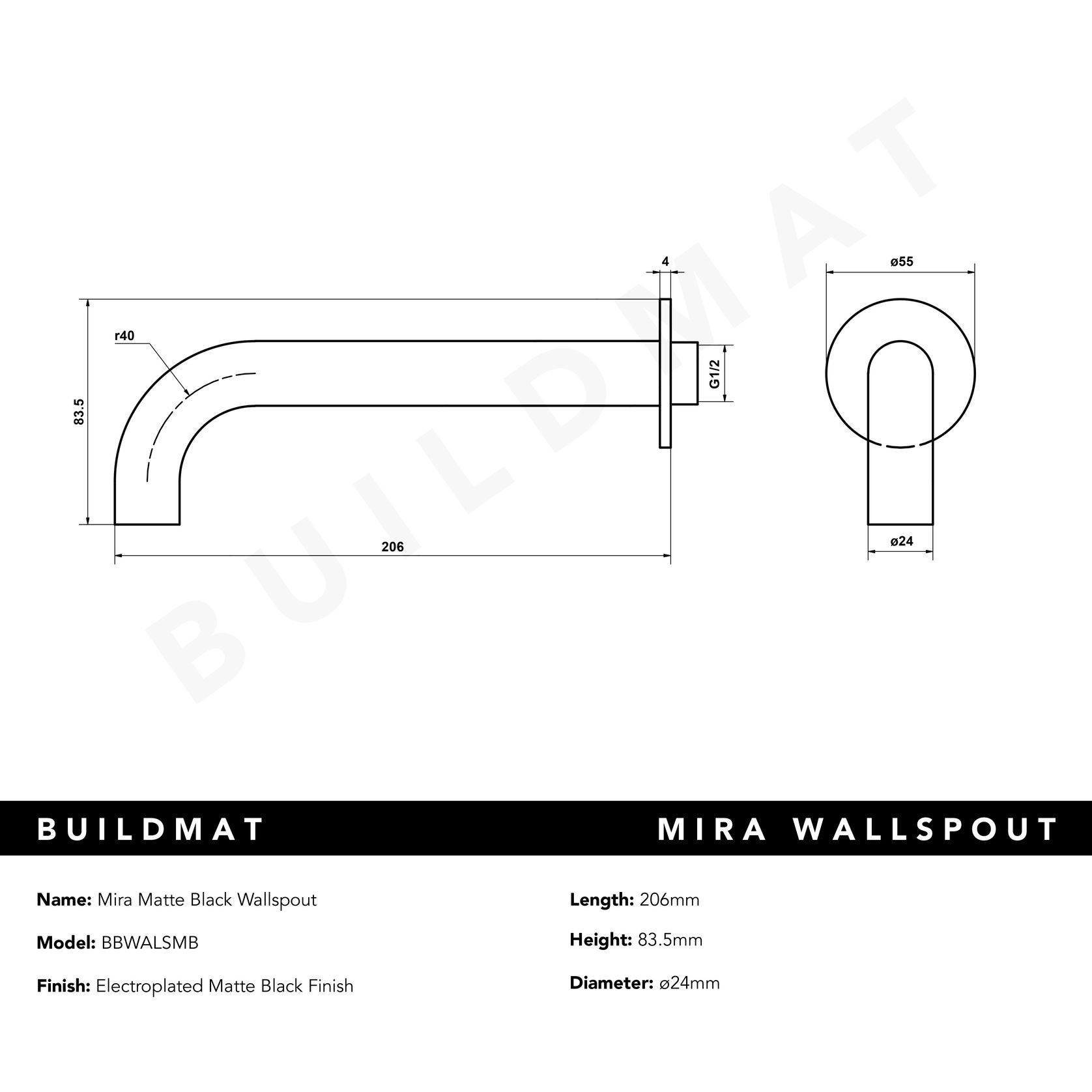 Mira Matte Black Wall Spout gallery detail image