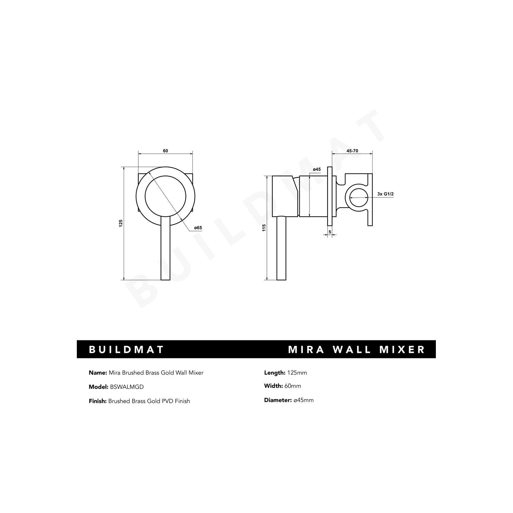 Mira Brushed Brass Gold Wall Mixer gallery detail image