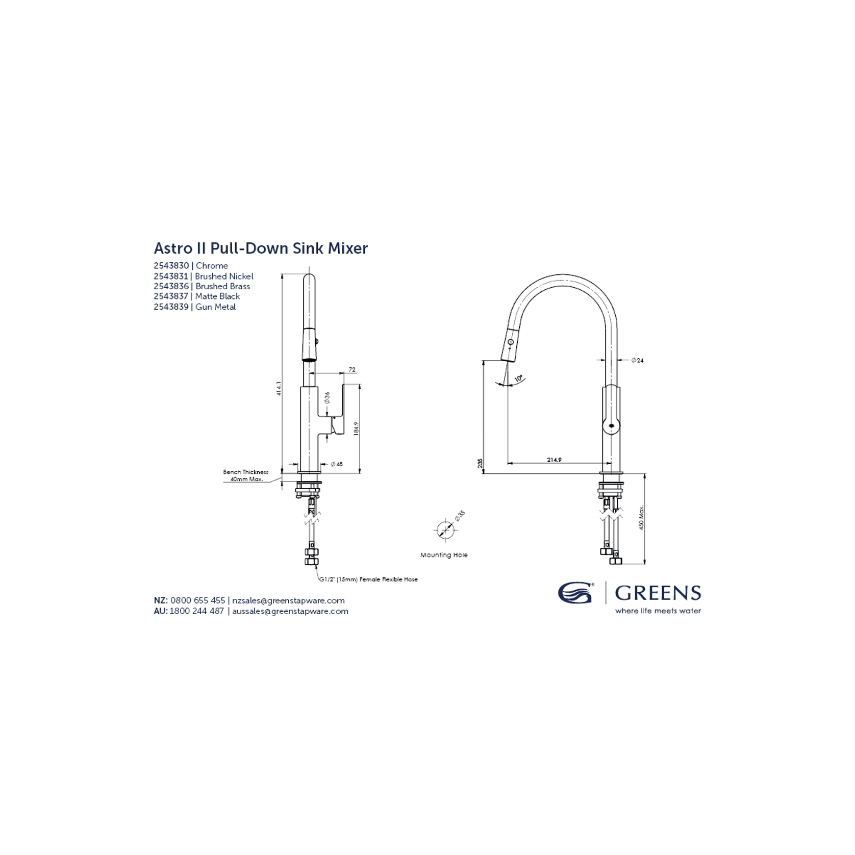 Astro II Pull-Down Sink Mixer gallery detail image