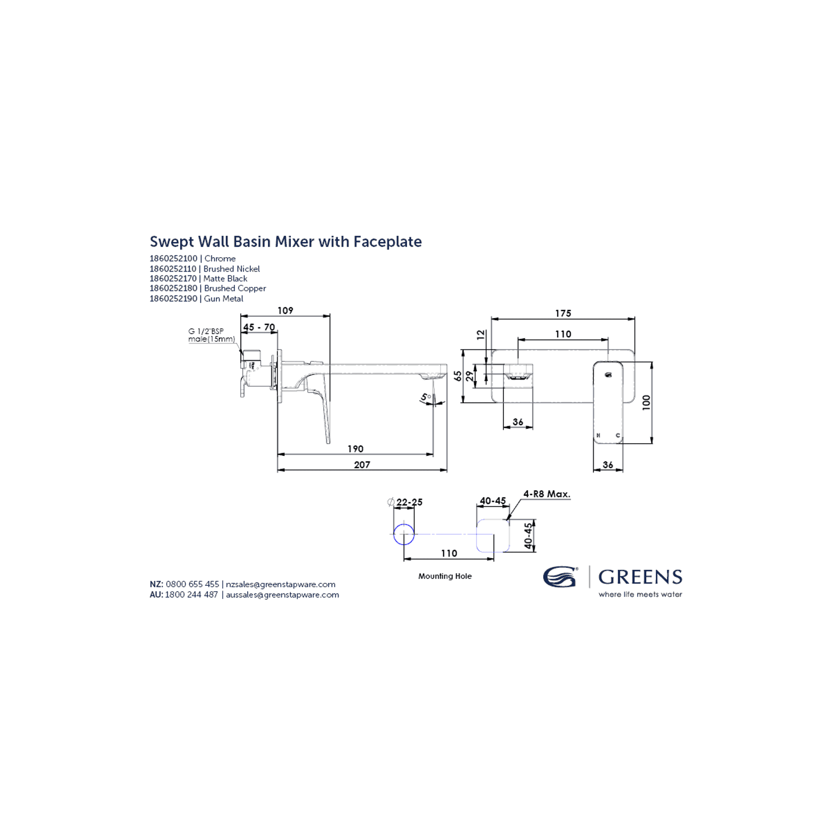 Swept Wall Basin Mixer W/Faceplate gallery detail image