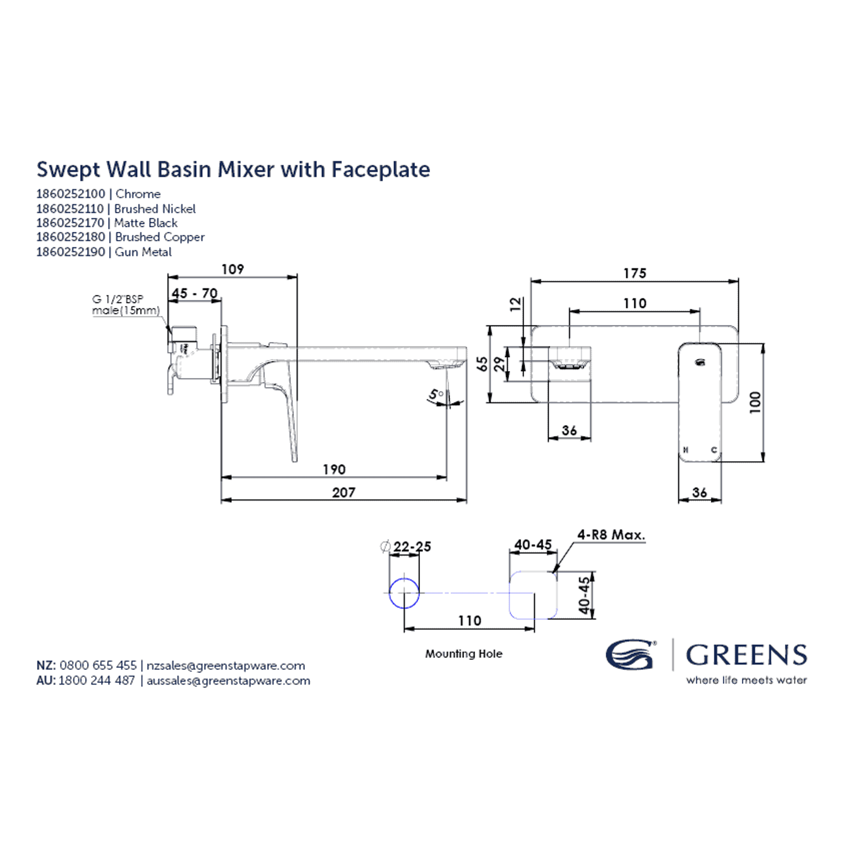 Swept Wall Basin Mixer W/Faceplate gallery detail image