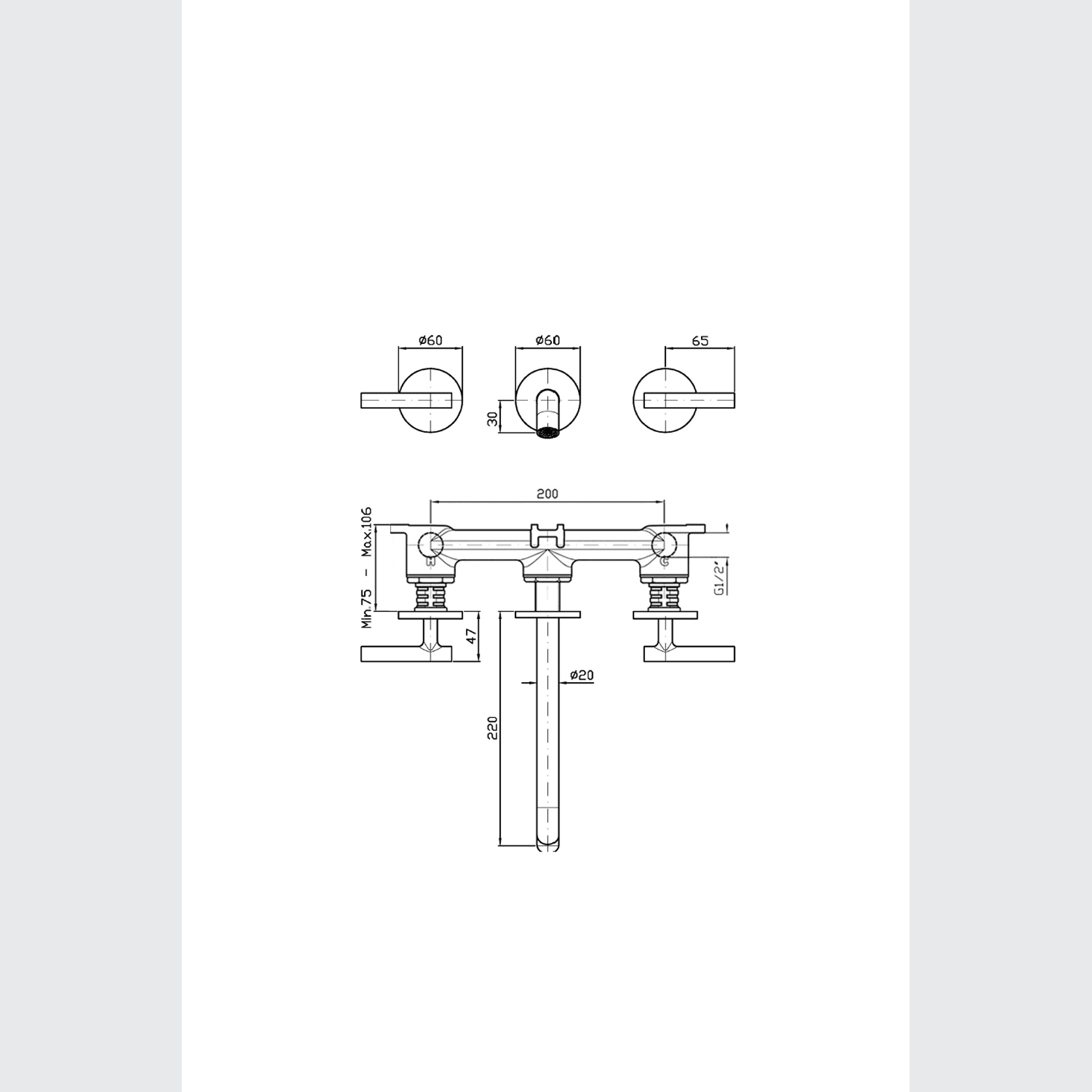 Pan S 3 Tap Hole Wall Mounted Basin Mixer 220mm gallery detail image