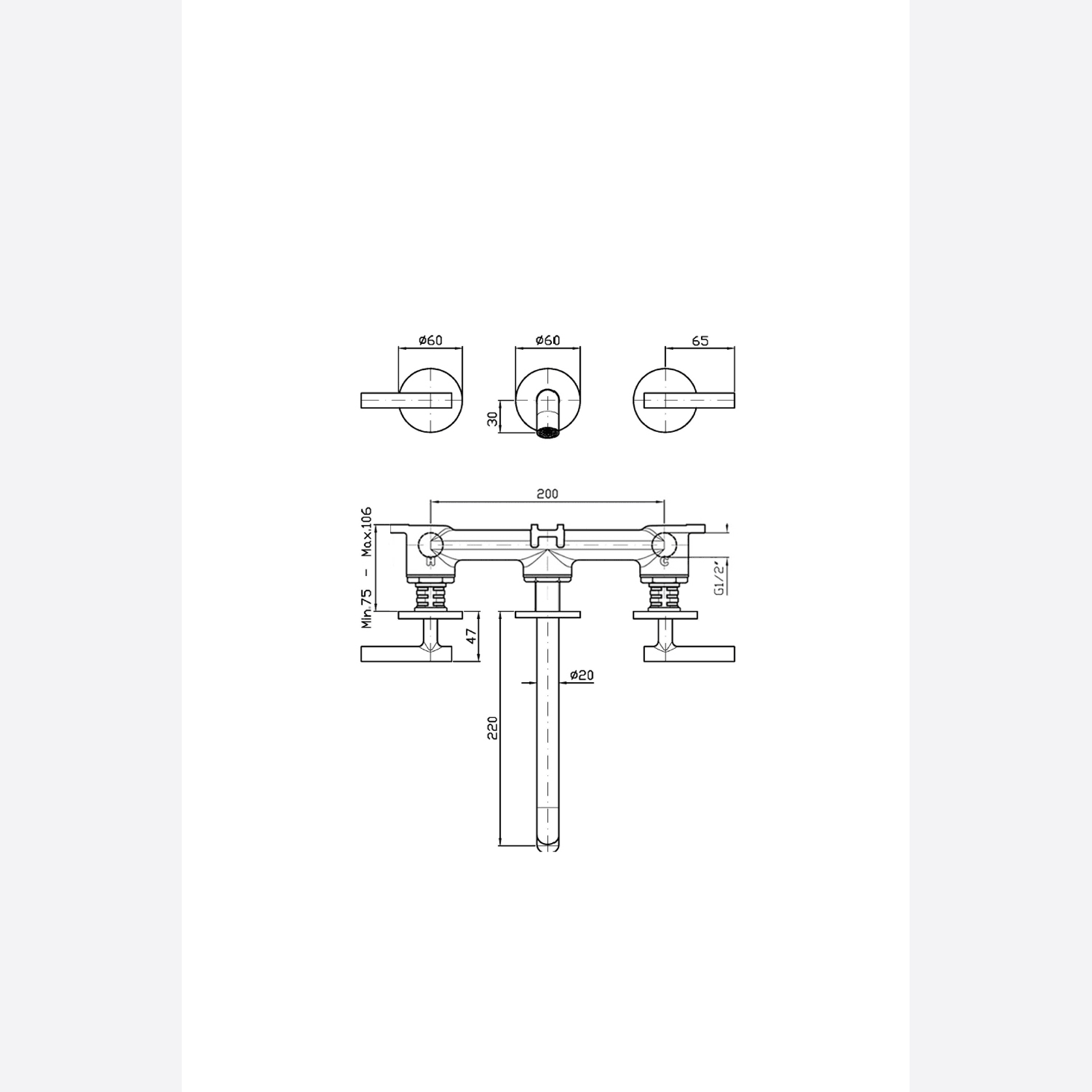 Pan S 3 Tap Hole Wall Mounted Basin Mixer 220mm gallery detail image