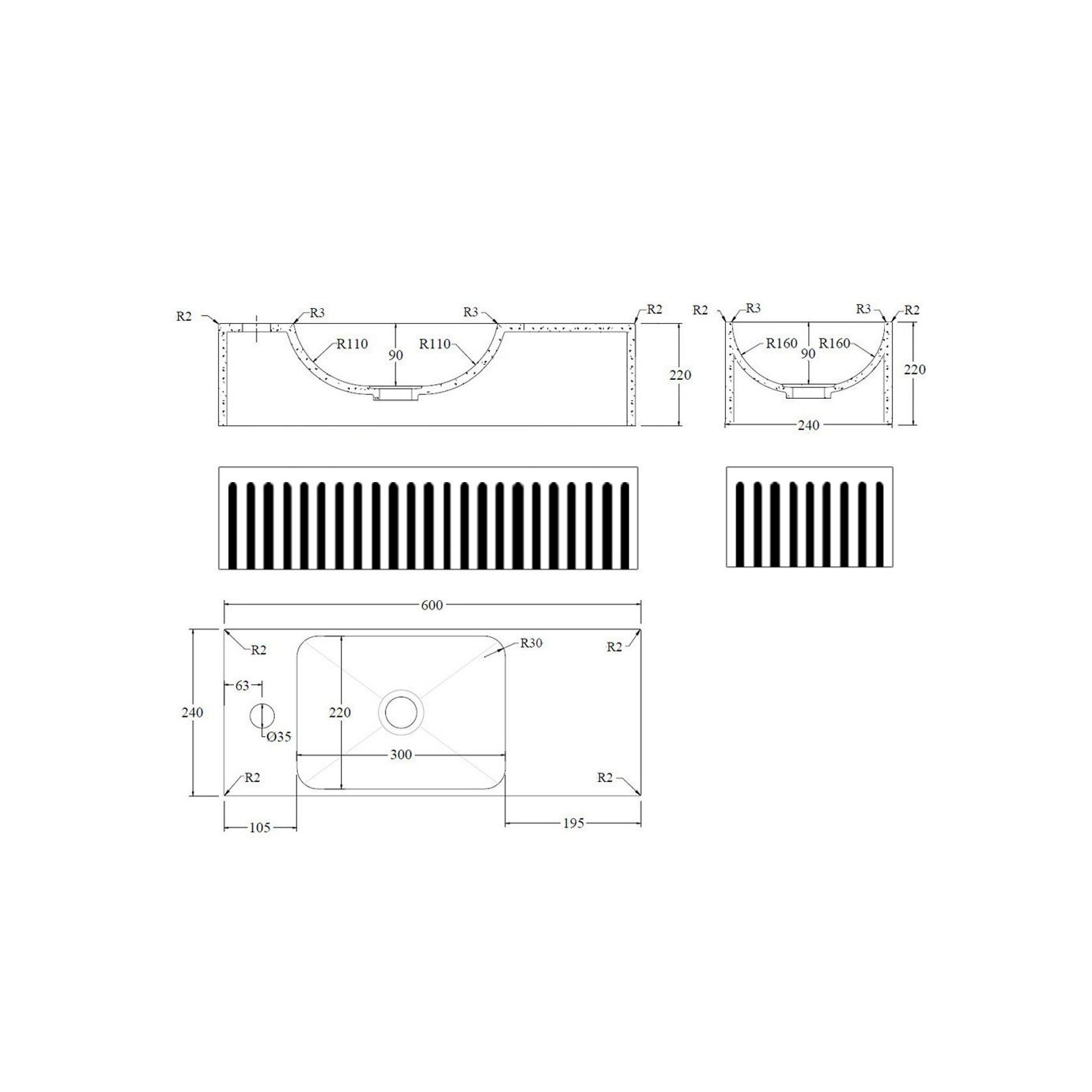 BARE Concrete Fluted Wall Basin gallery detail image