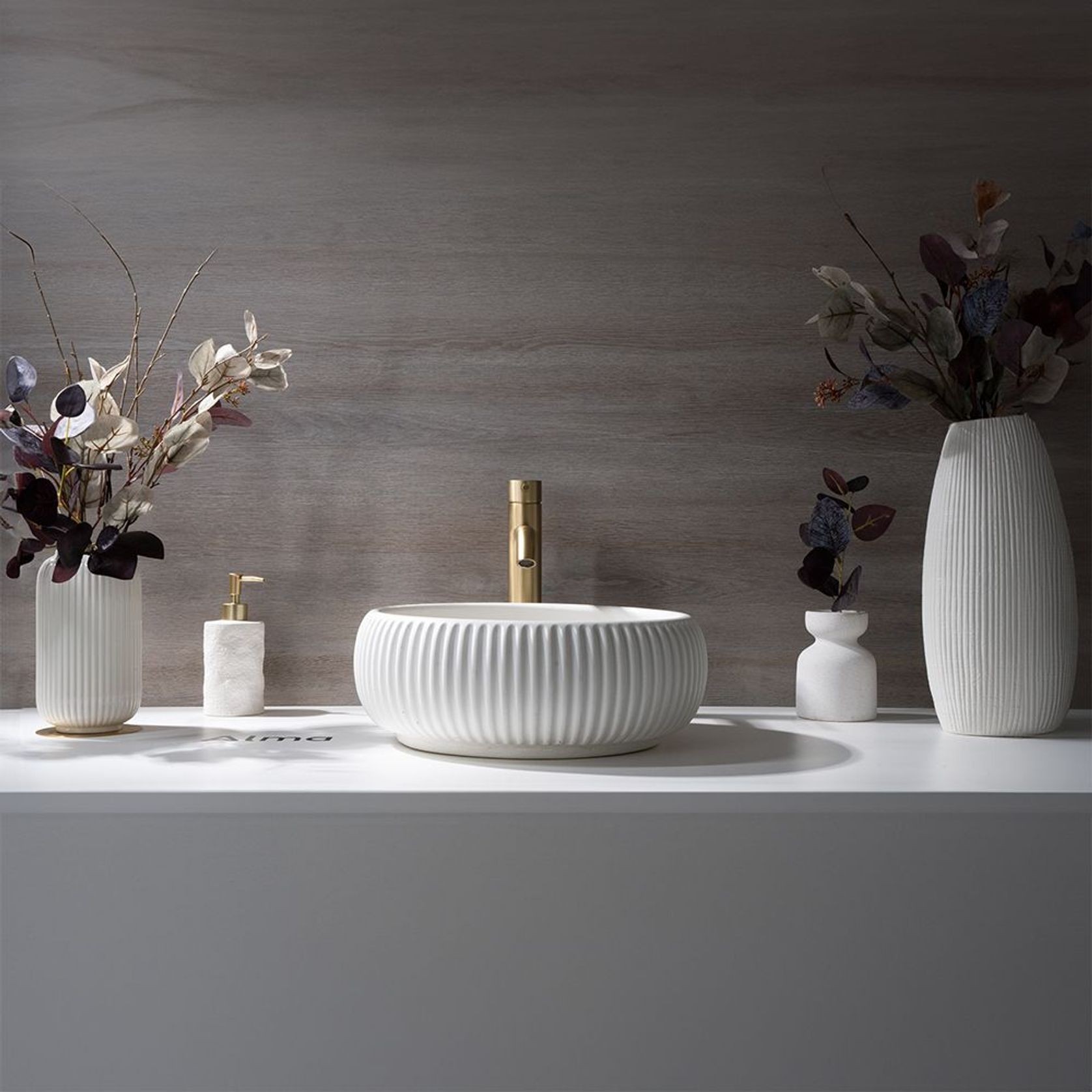 Felda Sea Salt White Fluted Concrete Basin gallery detail image