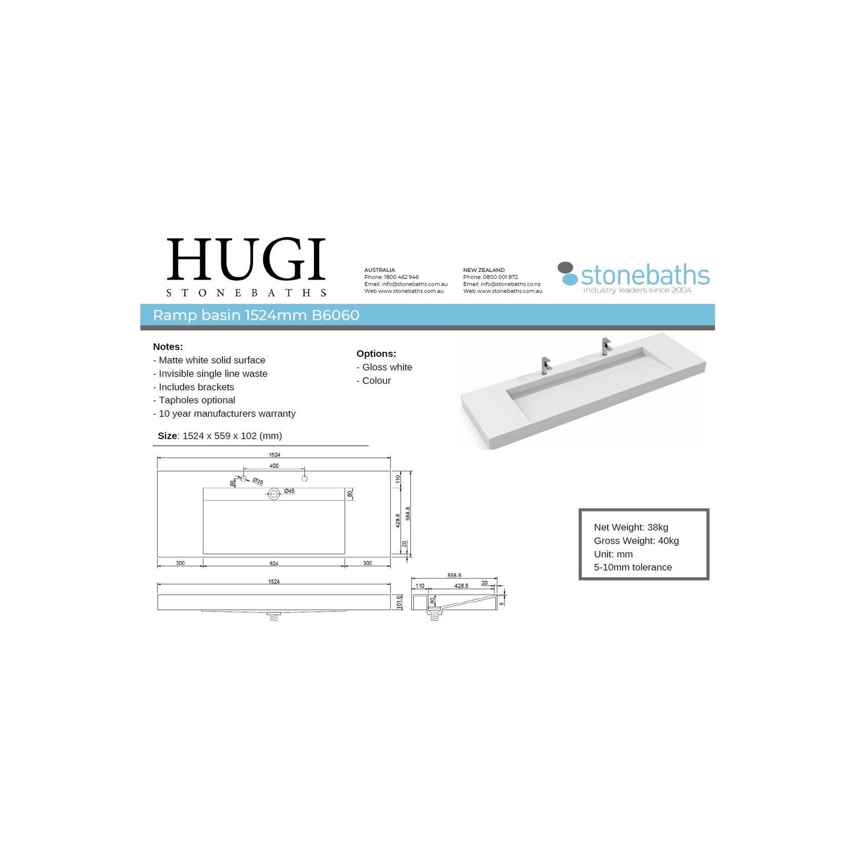 Ramp Basin Wall Hung Matte White 1524mm B6060 gallery detail image