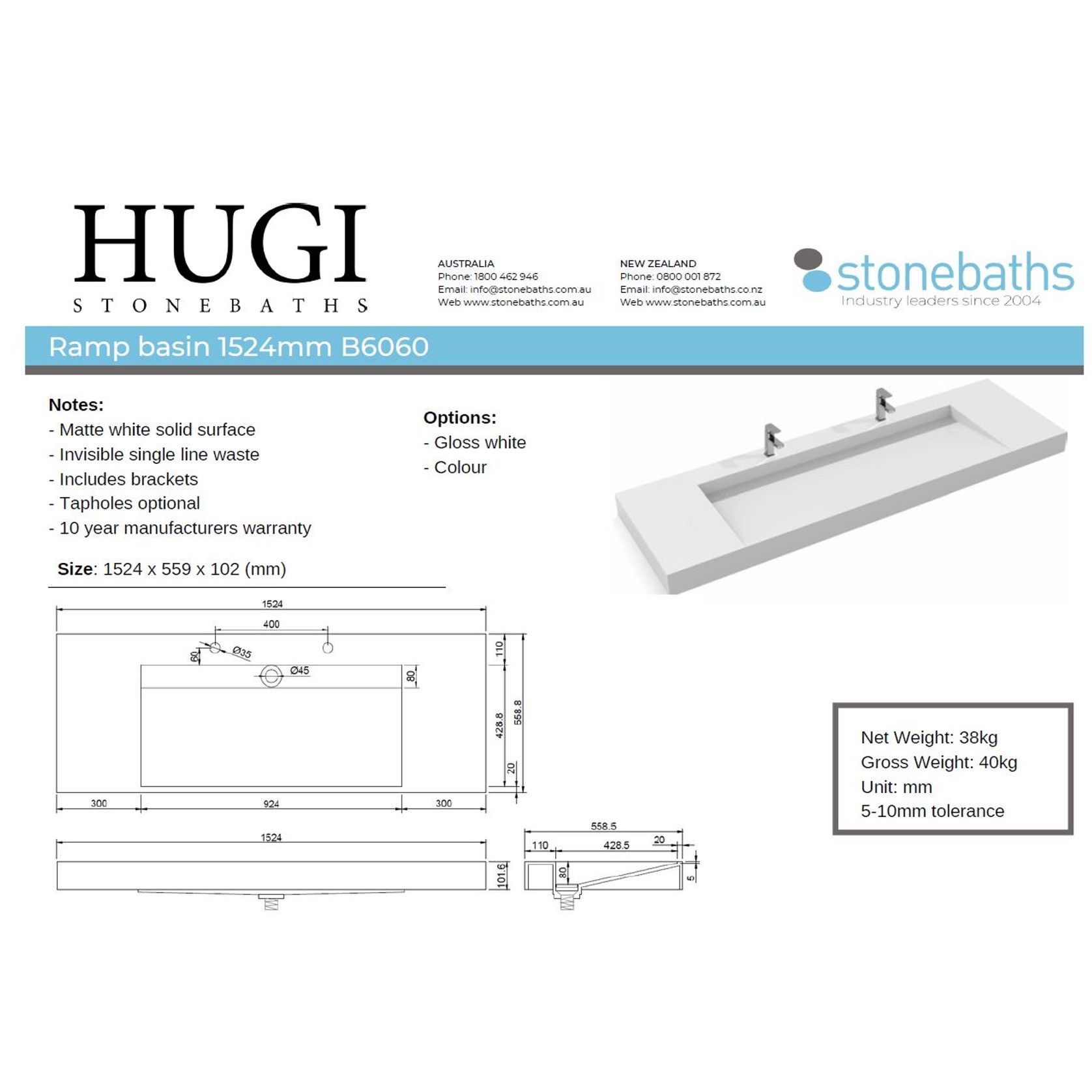 Ramp Basin Wall Hung Matte White 1524mm B6060 gallery detail image