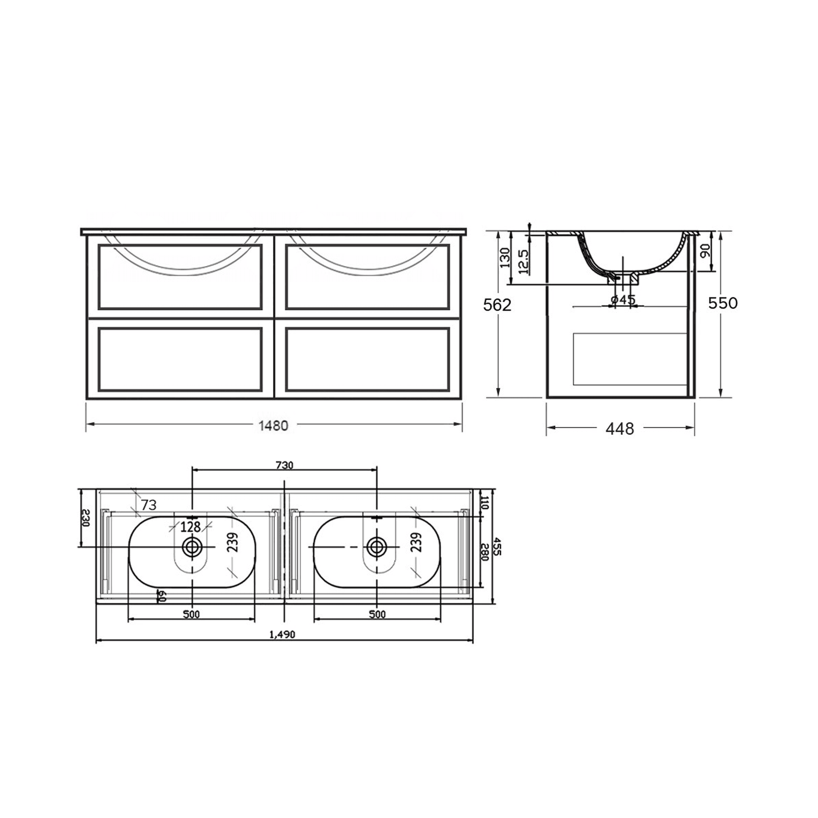 Telaio 1500 Double Bowl 4 X Drawer Wall Vanity gallery detail image