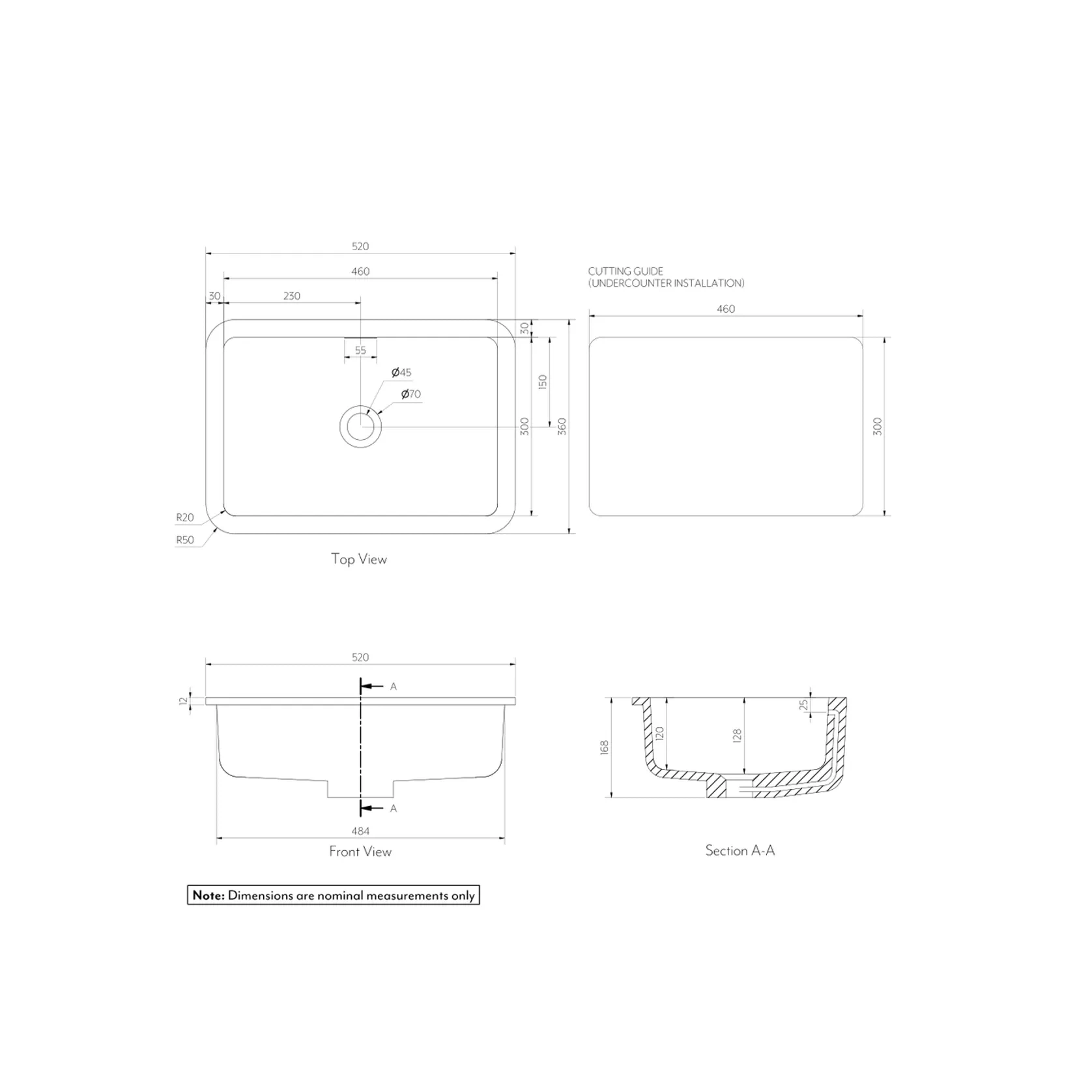 Zuri Undercounter Rectangle Basin 520mm (Deep) gallery detail image