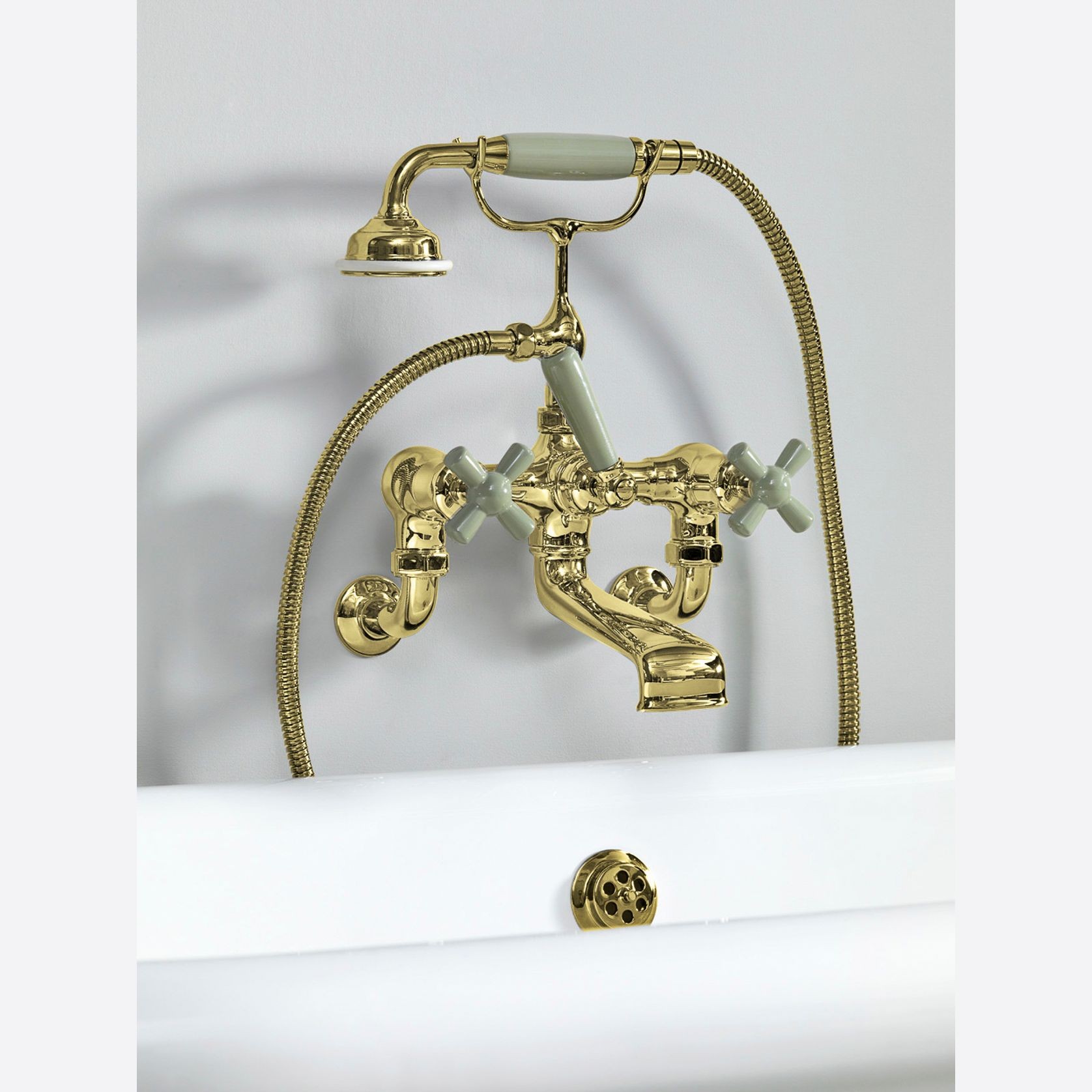 The Water Monopoly - Rockwell Wall-Mounted Bath Mixer With Handshower & Metal/Coloured Crosshead Taps gallery detail image