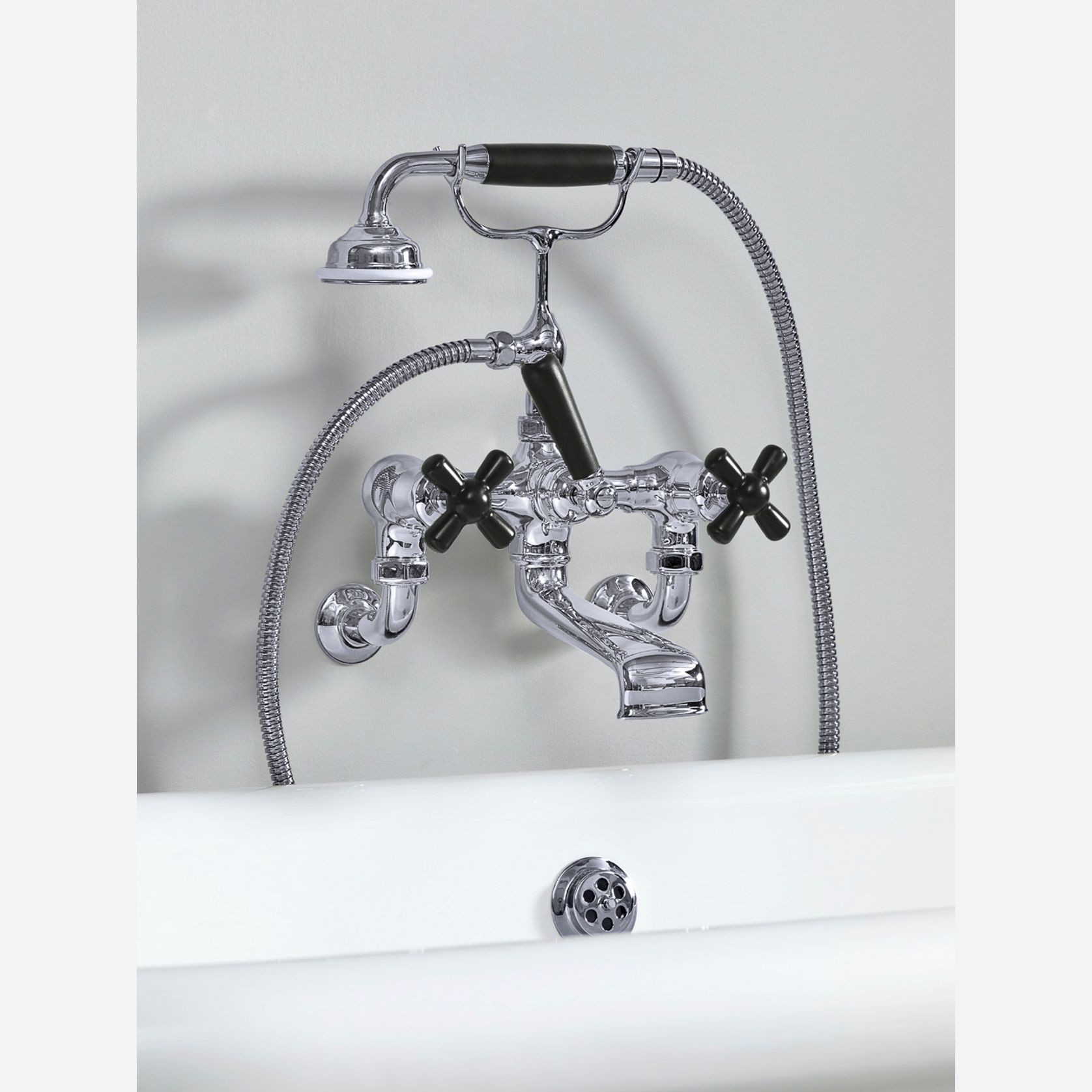 The Water Monopoly - Rockwell Wall-Mounted Bath Mixer With Handshower & Metal/Coloured Crosshead Taps gallery detail image