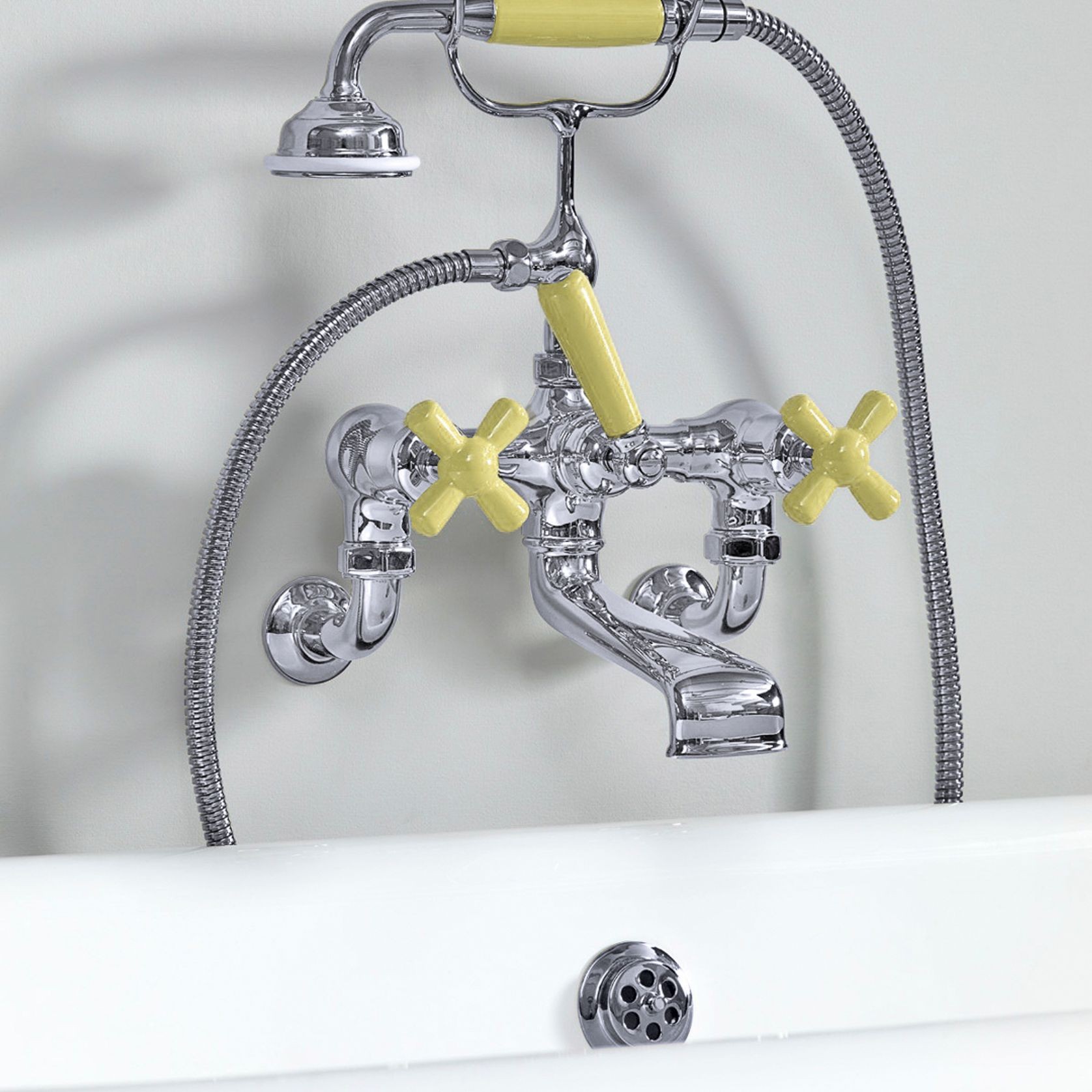The Water Monopoly - Rockwell Wall-Mounted Bath Mixer With Handshower & Metal/Coloured Crosshead Taps gallery detail image