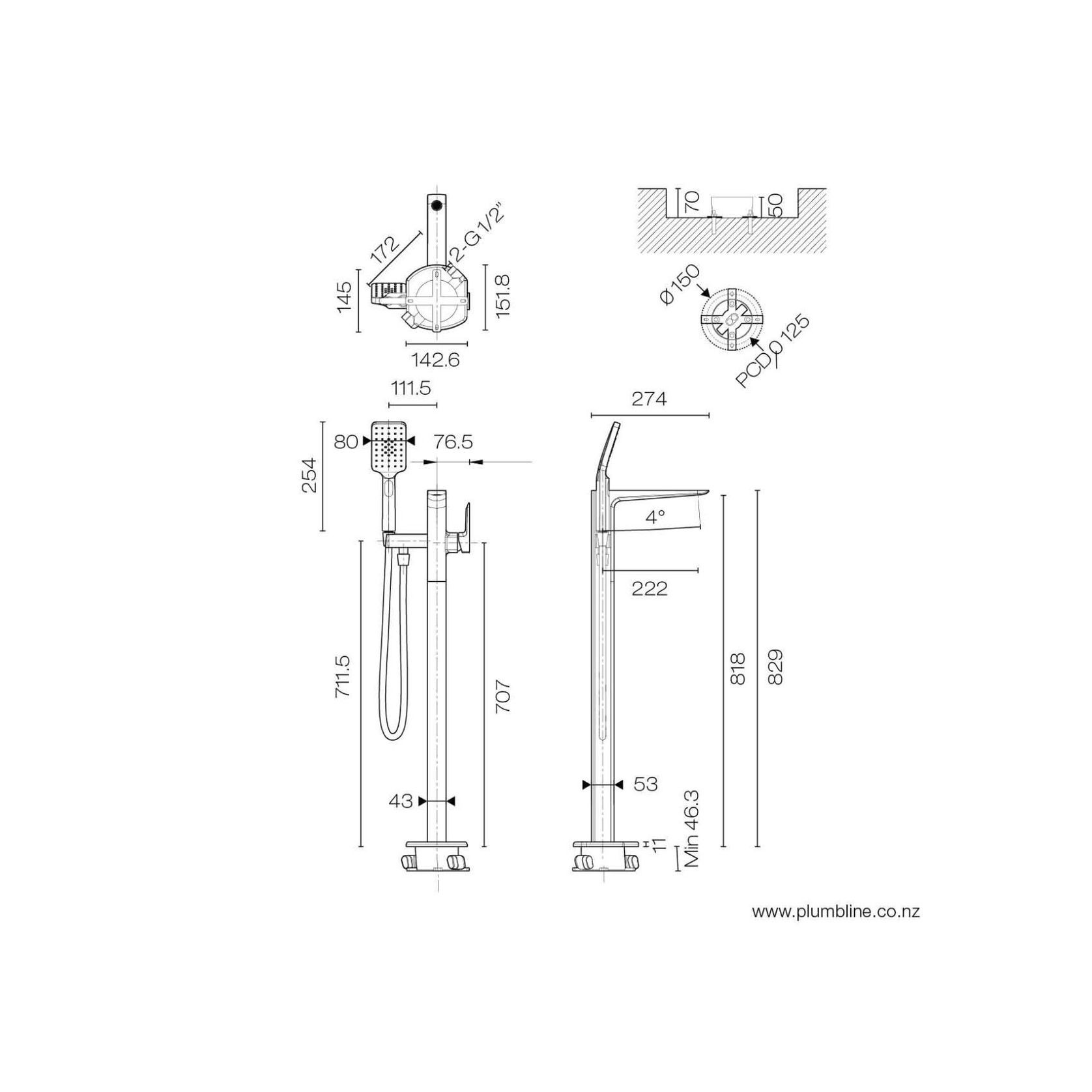 Como Floor Mount Bath Filler & Handshower gallery detail image