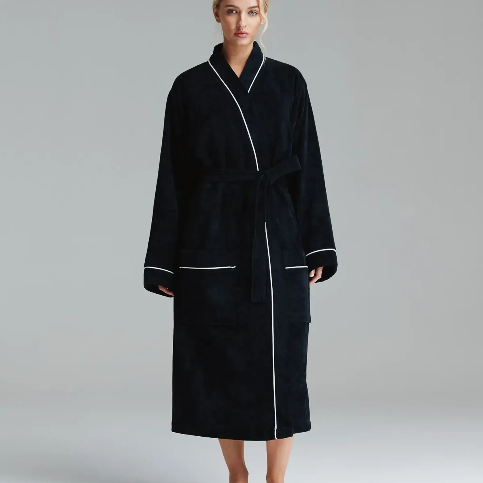 Cotton Velour Bathrobes with Piping gallery detail image