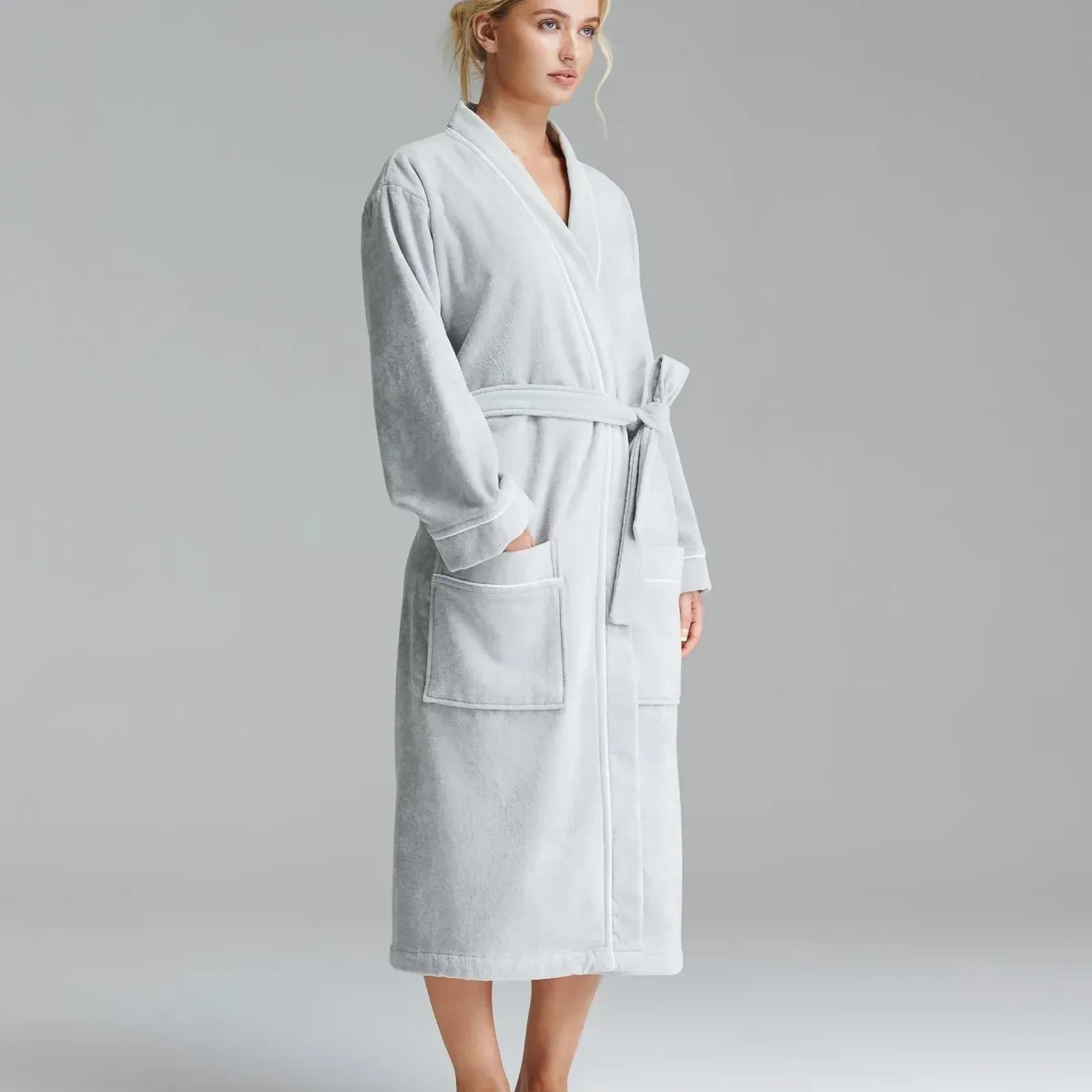 Cotton Velour Bathrobes with Piping gallery detail image