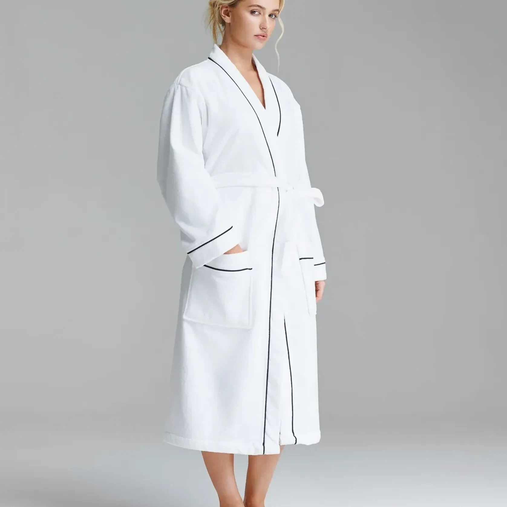Cotton Velour Bathrobes with Piping gallery detail image