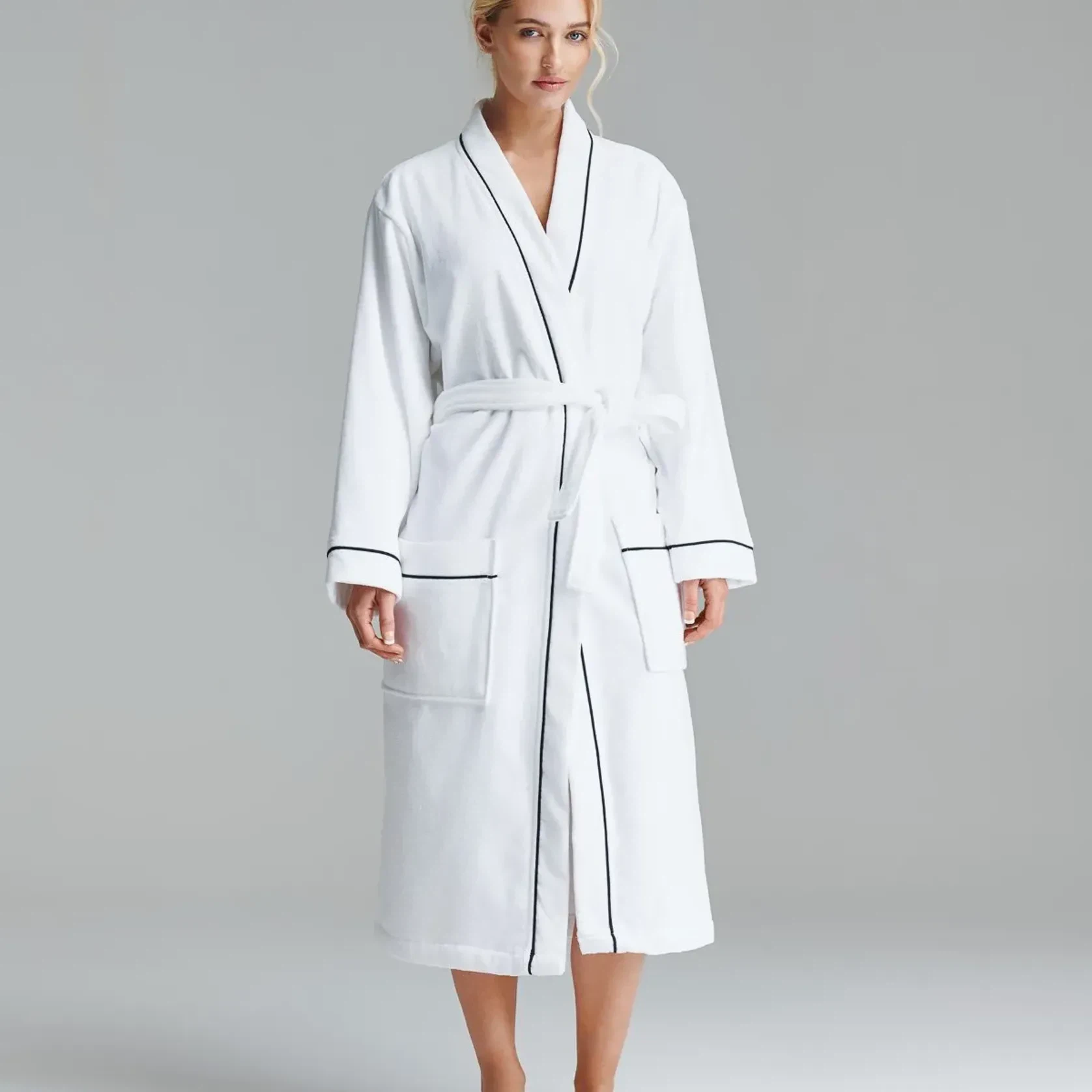 Cotton Velour Bathrobes with Piping gallery detail image