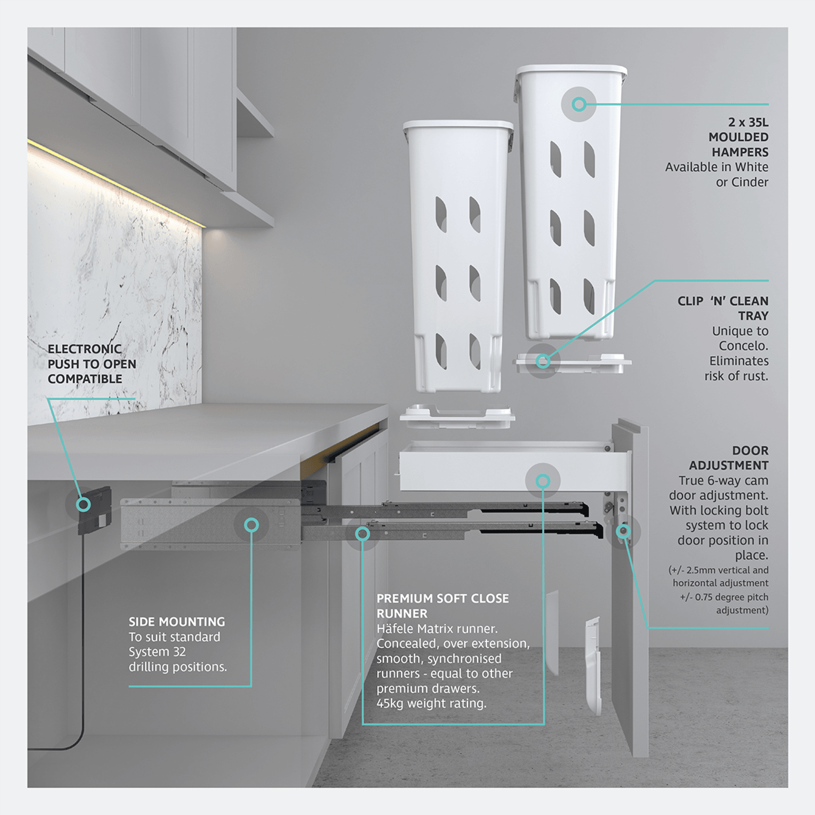 Concelo 2 x 35L Laundry Hampers | Door Pull gallery detail image