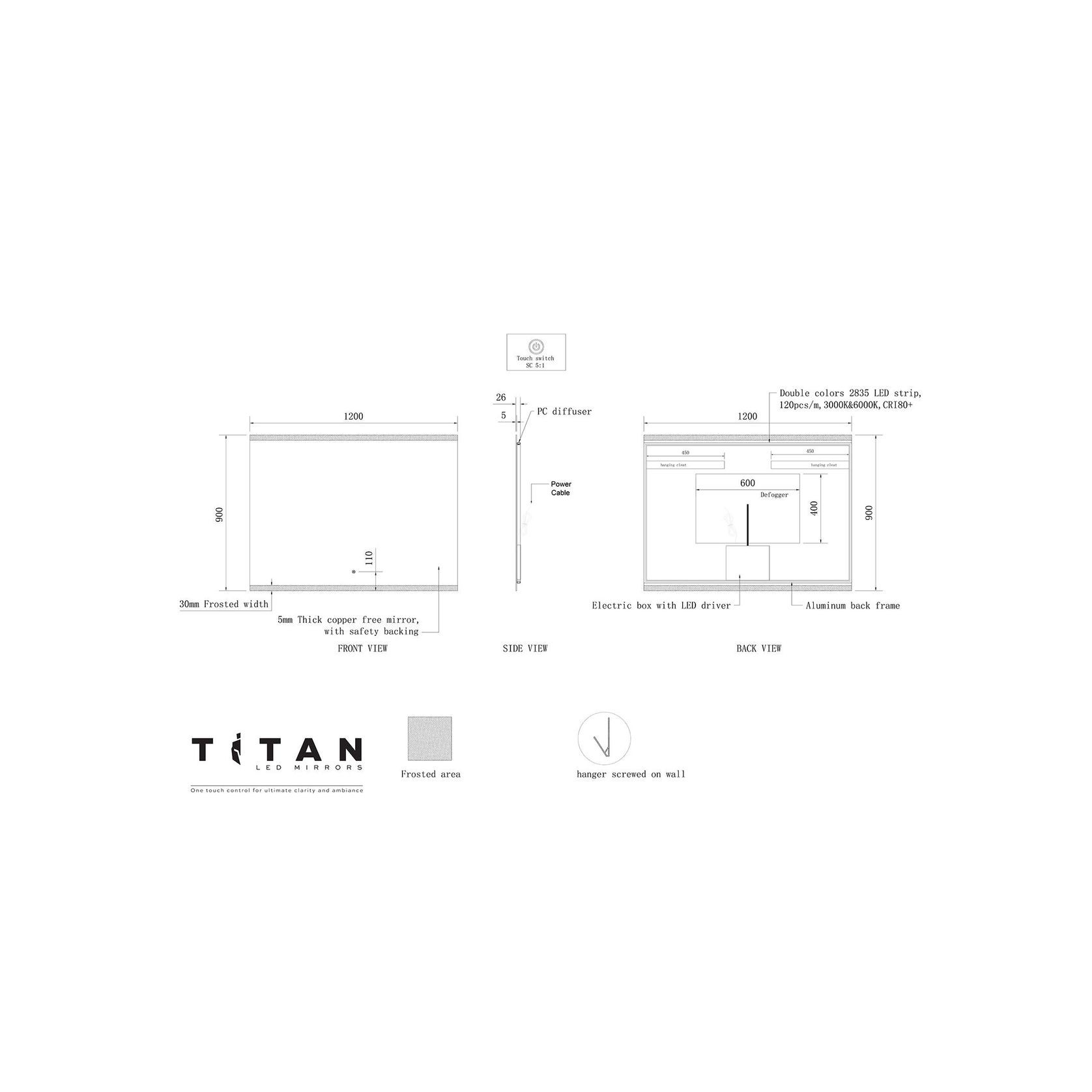 Titan Rectangle LED Mirror 1200mm x 900mm gallery detail image